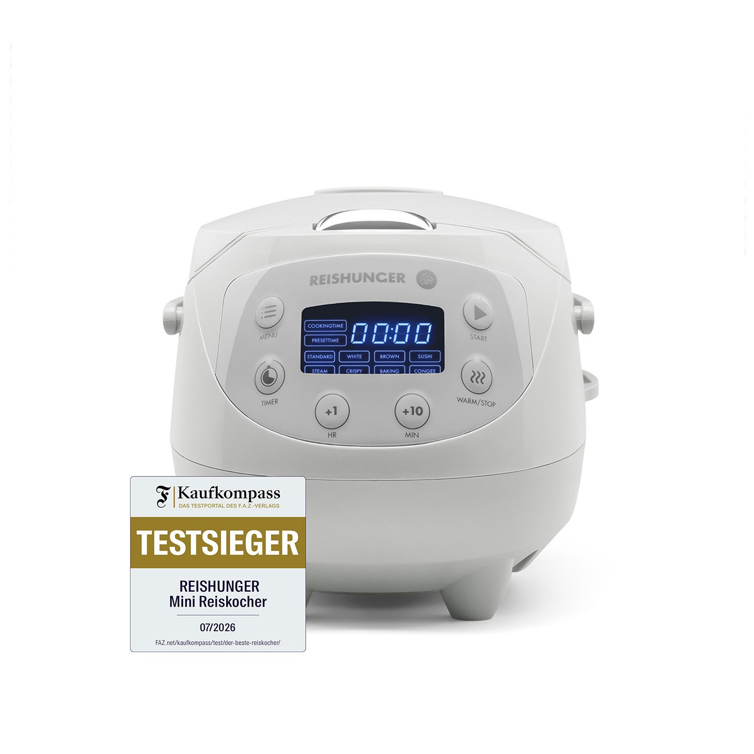 Reishunger Reiskocher Digital Mini – 0,6 L – Multikocher – 8 Programme – Keramikbeschichtung, 350 W, Dämpfeinsatz, Messbecher, Reislöffel, Timer- und Warmhaltefunktion