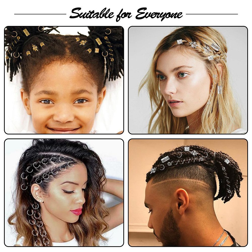 CLTYQ Haarklammer 100 Stück Dreadlocks Schmuck Haarschmuck Silber für Zöpfe, Verstellbar Cuffs Haarperlen Haarspiralen für Braids Zubehör Dekoration, 100-tlg., Verstellbar Cuffs Haarperlen Haarspiralen für Braids Zubehör