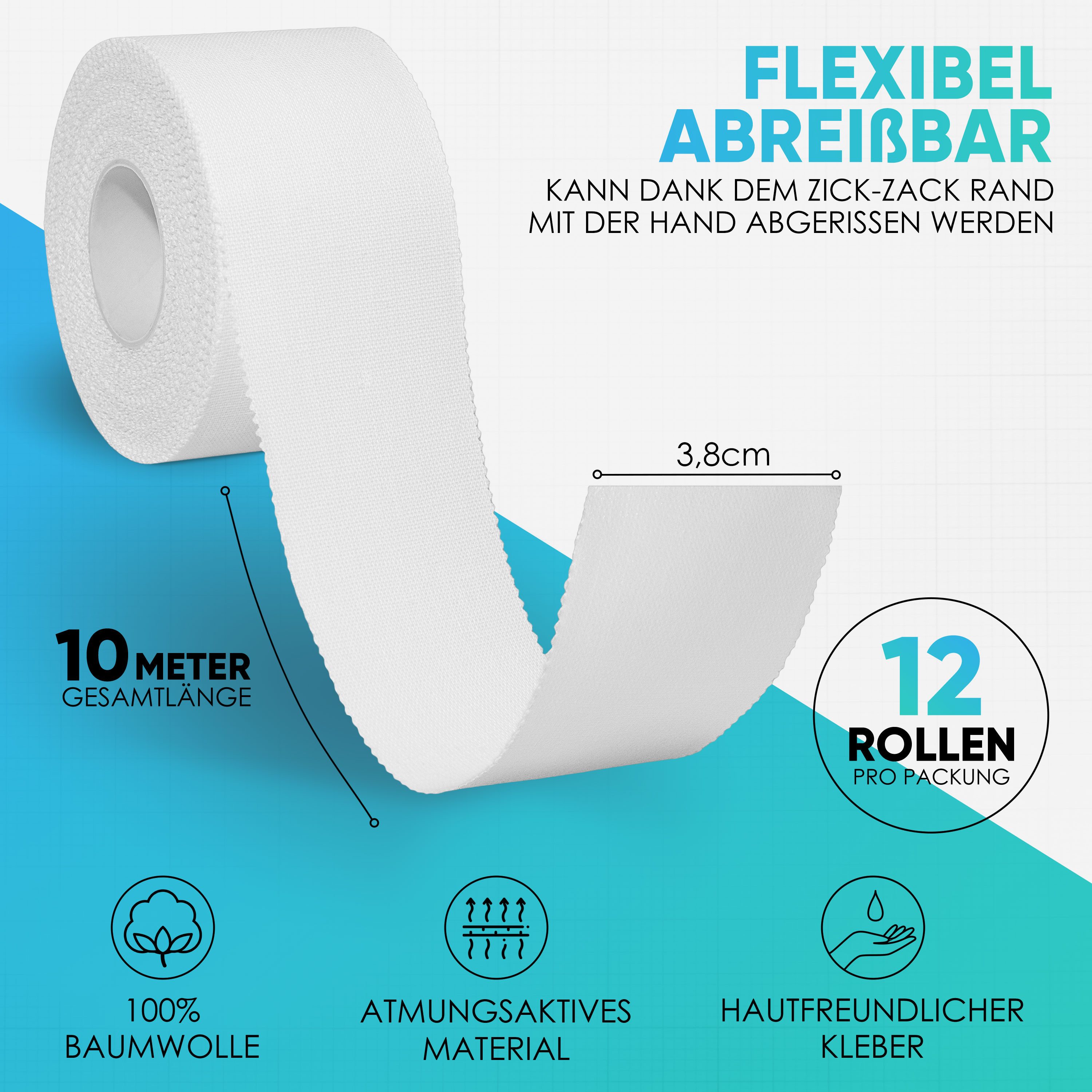 Health Press Bandage Sporttape - 12 Tape Rollen (3,8cm x 10m) weiß (12-tlg)