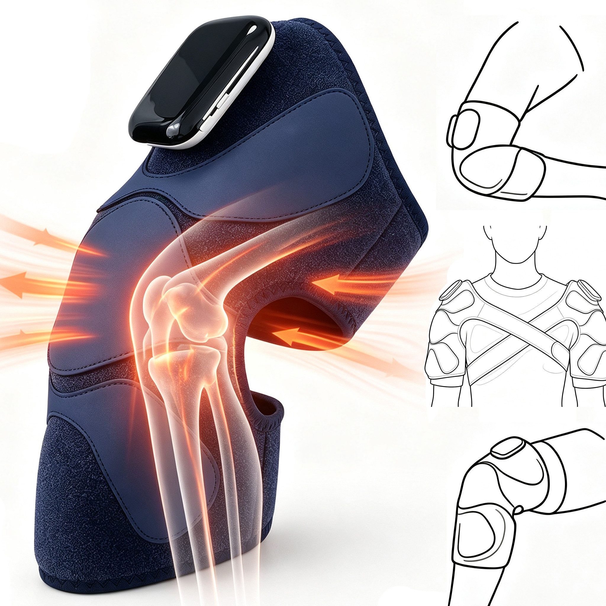 ibettertec Massagegerät Knie-Massagegerät mit Rotlicht-Wärme & Vibration, 3-in-1 für Knie, Schulter & Ellenbogen, 5 Wärmestufen, 3 Vibrationsmodi, 1800mAh Akku, Dunkelblau inkl. Beutel & Kräuterauflage