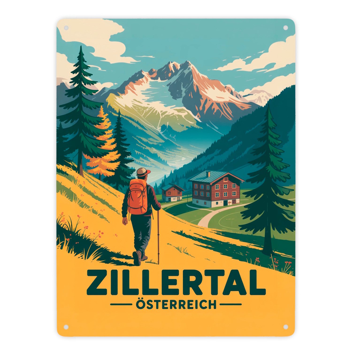 speecheese Metallschild Vintage Zillertal Souvenir Metallschild XXL in 28x38 cm mit Wanderer