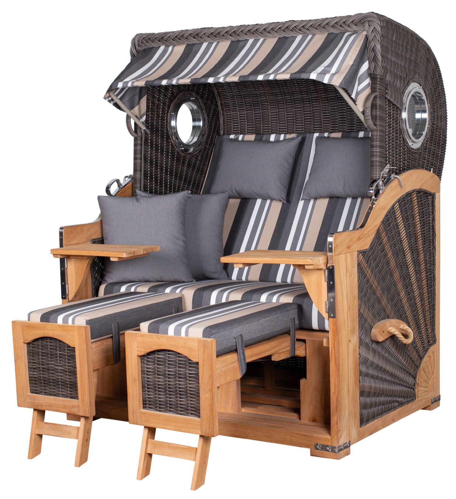 deVries PURE® Strandkorb Seemöwe XL - PE stone grey - Dessin 158, BxTxH: 140x95x160 cm, Halblieger, Ostsee-Strandkorb, Teakholz - Bullaugen - Kissenausstattung und Schutzhülle