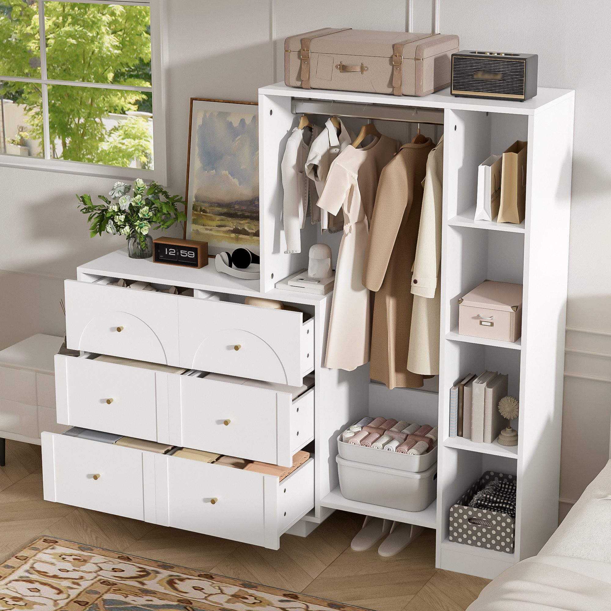 Flieks Garderoben-Set Garderobenständer Kleiderschrank & Kommode mit 6 Schubladen, (B139xT35xH133 cm, mit verstellbaren Einlegeböden), Kompaktgarderobe Garderob – Bild 4 von 5