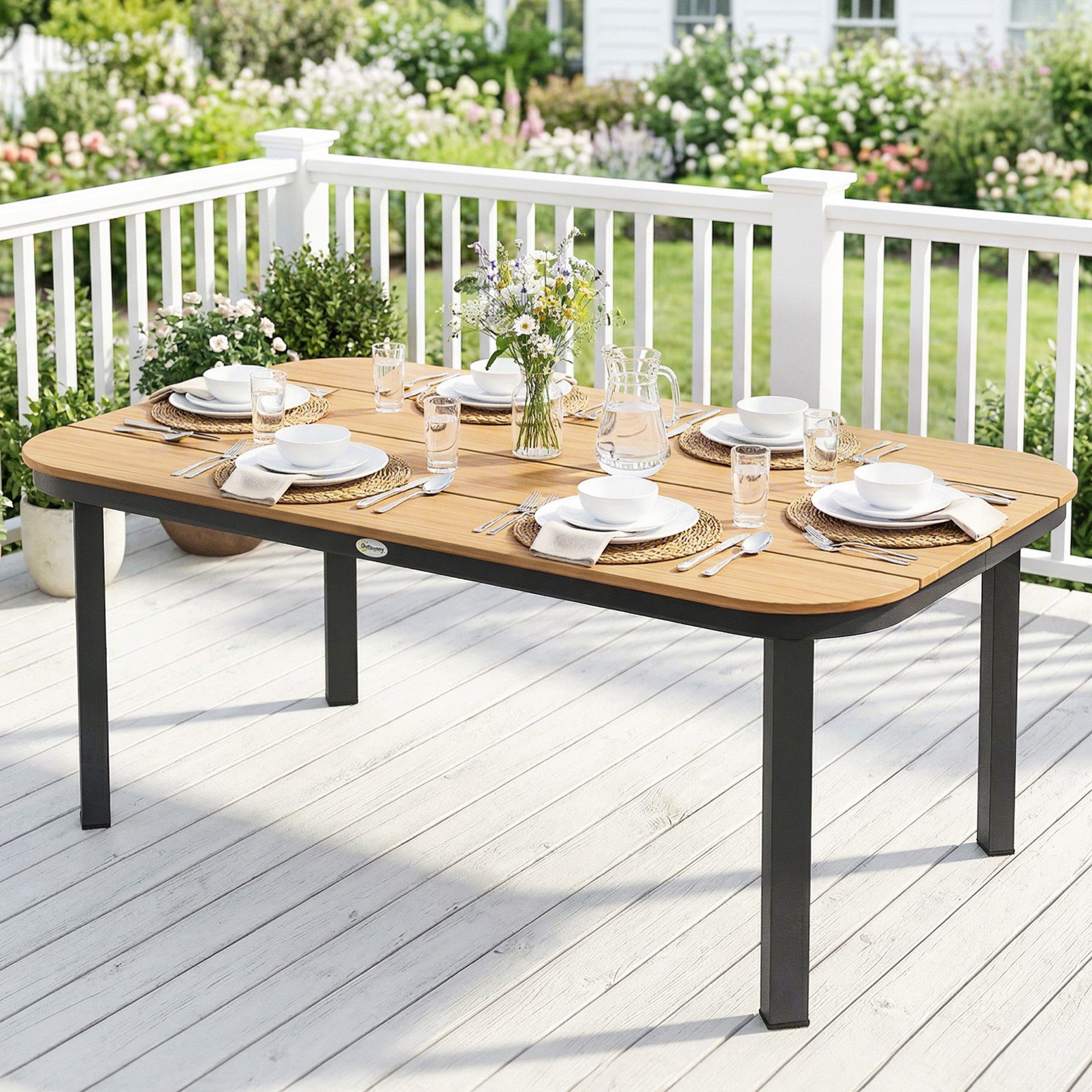 Outsunny Balkontisch mit Metallrahmen, WPC Lamellentischplatte (Terrassentisch, 1-St., Esstisch), für 6 Personen, Braun, 155 x 88 x 72 cm