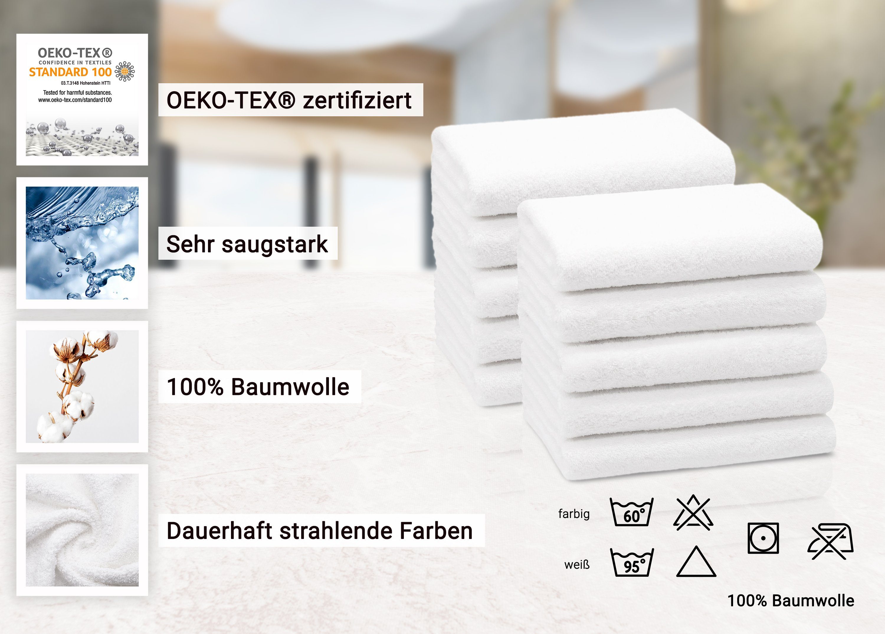 weiß Handtücher, vom cm, (10-St), 50 Walkfrottier Hotelwäschespezialisten 100 Baumwolle, x ZOLLNER 100%