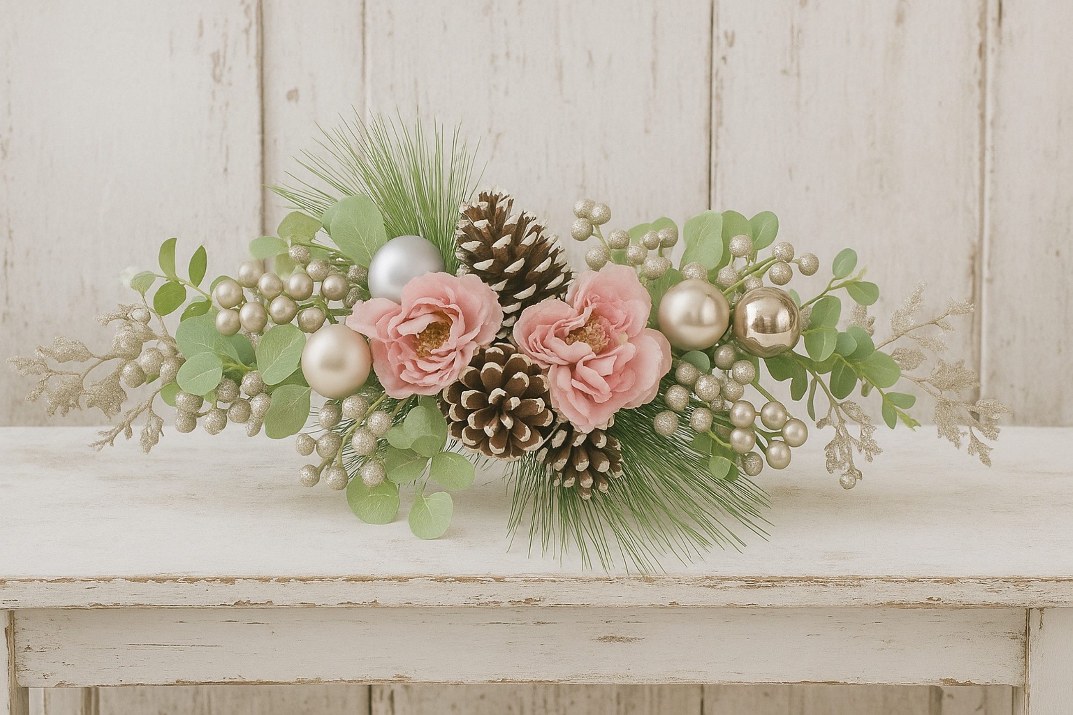 Kunstblume Tischgesteck Päonie, I.GE.A., Höhe 65 cm, Aufleger Eukalyptus, Zapfen, Tischdeko Weihnachtsdeko Weihnachtsblumen – Bild 2 von 3