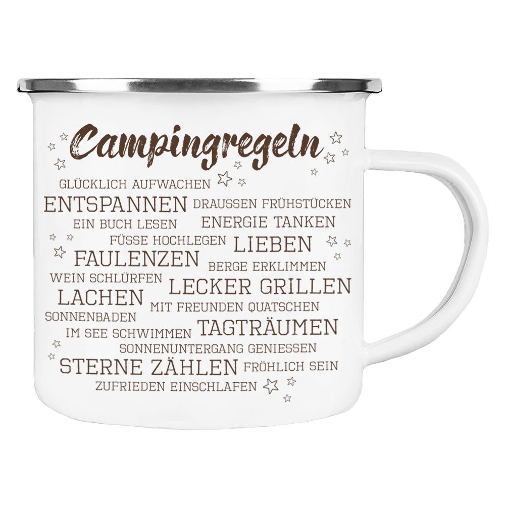 Cadouri Tasse CAMPINGREGELN Camping Emaille Tasse, Campingtasse, Metall, Campingbecher, Kaffeetasse für Camper, handgefertigt, Geschenk, 300 ml