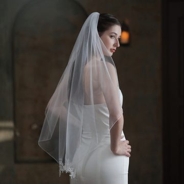 AUKUU Kopftuch Brautschleier Brautschleier schlicht weiß einlagig Spitze, floraler Hochzeitskopfschmuck 80 cm–100 cm
