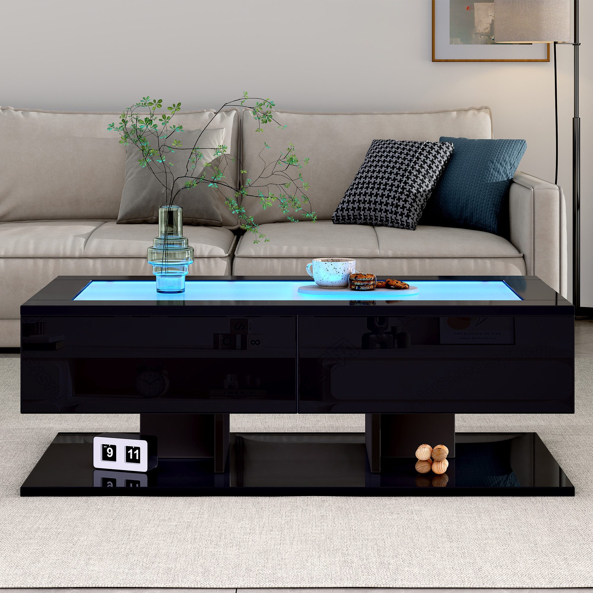 MODFU Couchtisch mit LED-Lichtern (Wohnzimmertisch, Satztisch, 1-St., 2 Schubladen, 100*50*35cm), mit LED-Licht