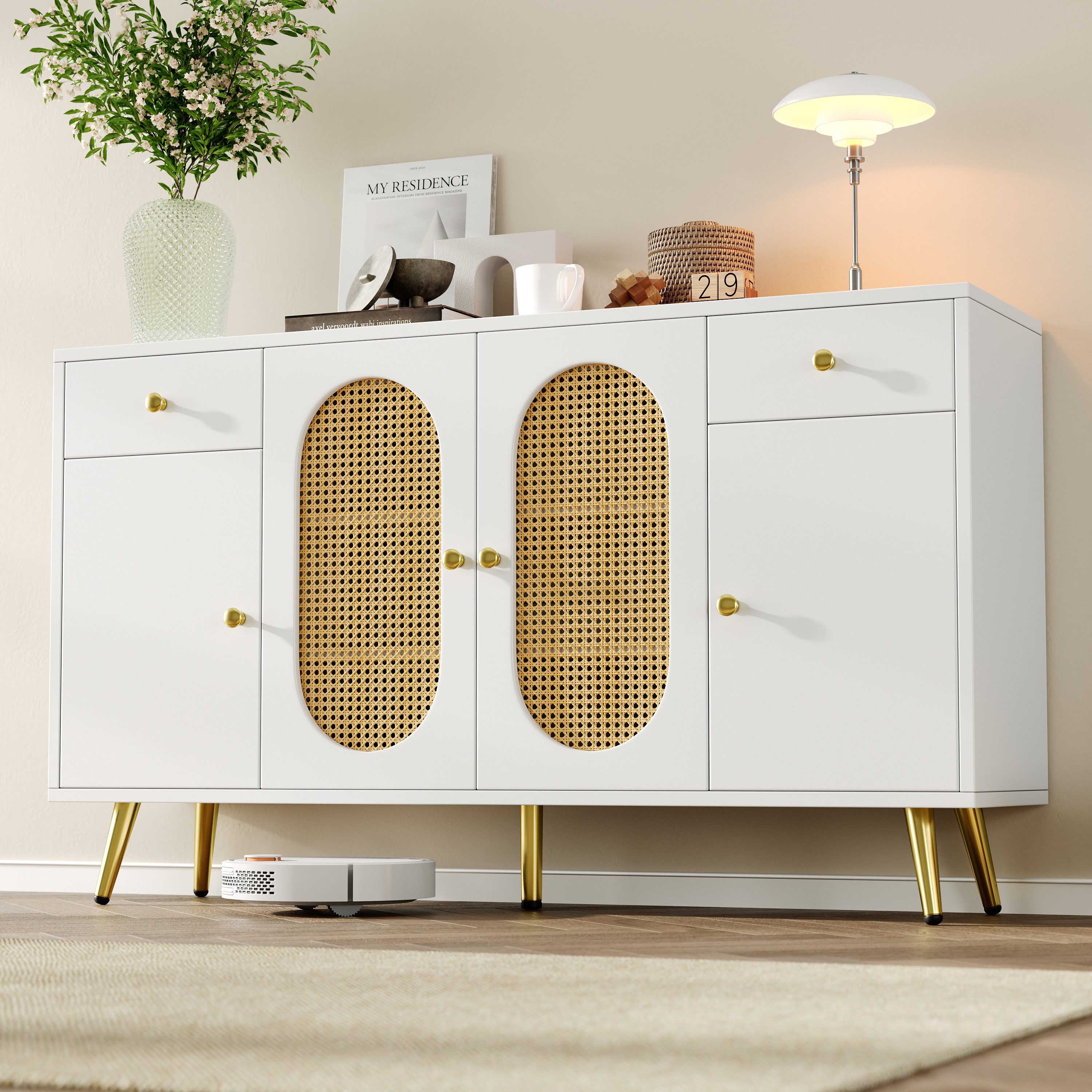 Flieks Kommode mit 2 Schubladen, Rattan-Türen und verstellbarer Einlegeböden Weiß (Schrank für Wohnzimmer, Schlafzimmer und Esszimmer, 1 St., B140 x T35 x H82 cm), Sideboard Mehrzweckschrank mit goldenen Metallgriffen & Metallbeinen