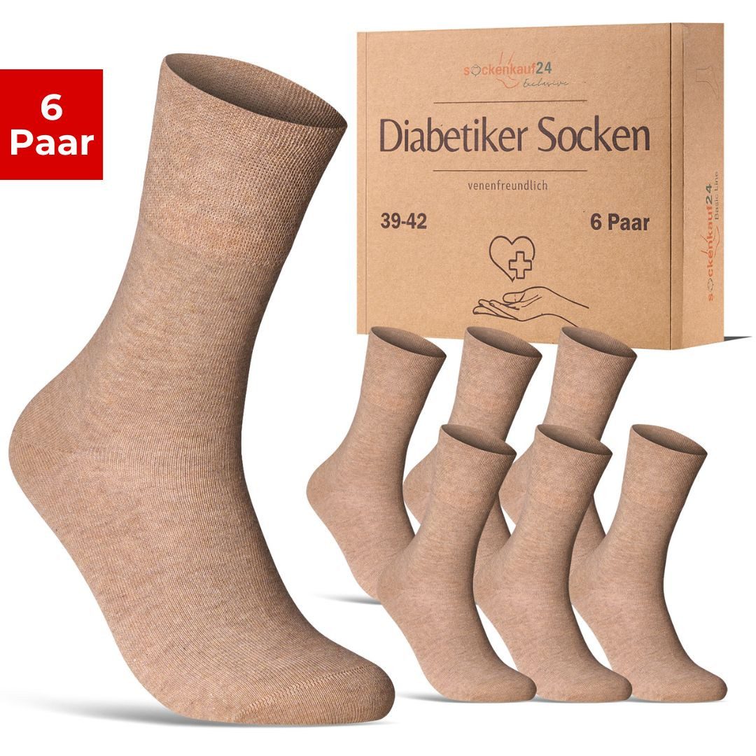 sockenkauf24 Diabetikersocken aus 97% Baumwolle ohne Gummibund & ohne Naht (6-Paar) Diabetiker Socken mit Komfortbund ohne Gummi für Damen & Herren