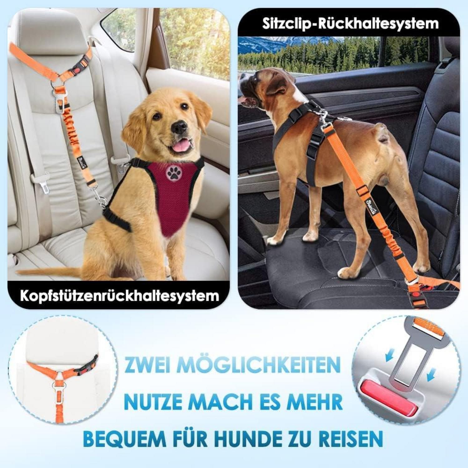 Thumbnail - SlowTon Hunde-Halsband SlowTon Hundegurt 2-in-1 fürs Auto Kopfstützen-Rückhalte Anschnallgurt
