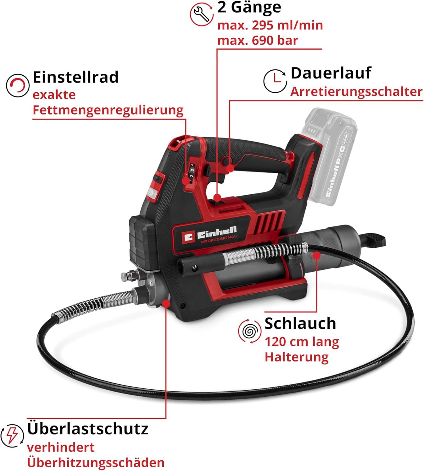 Einhell Akku-Kartuschenpistole Professional Akku-Fettpresse TP-GR 18/690 Li -18V, 690 bar/10000 PSI