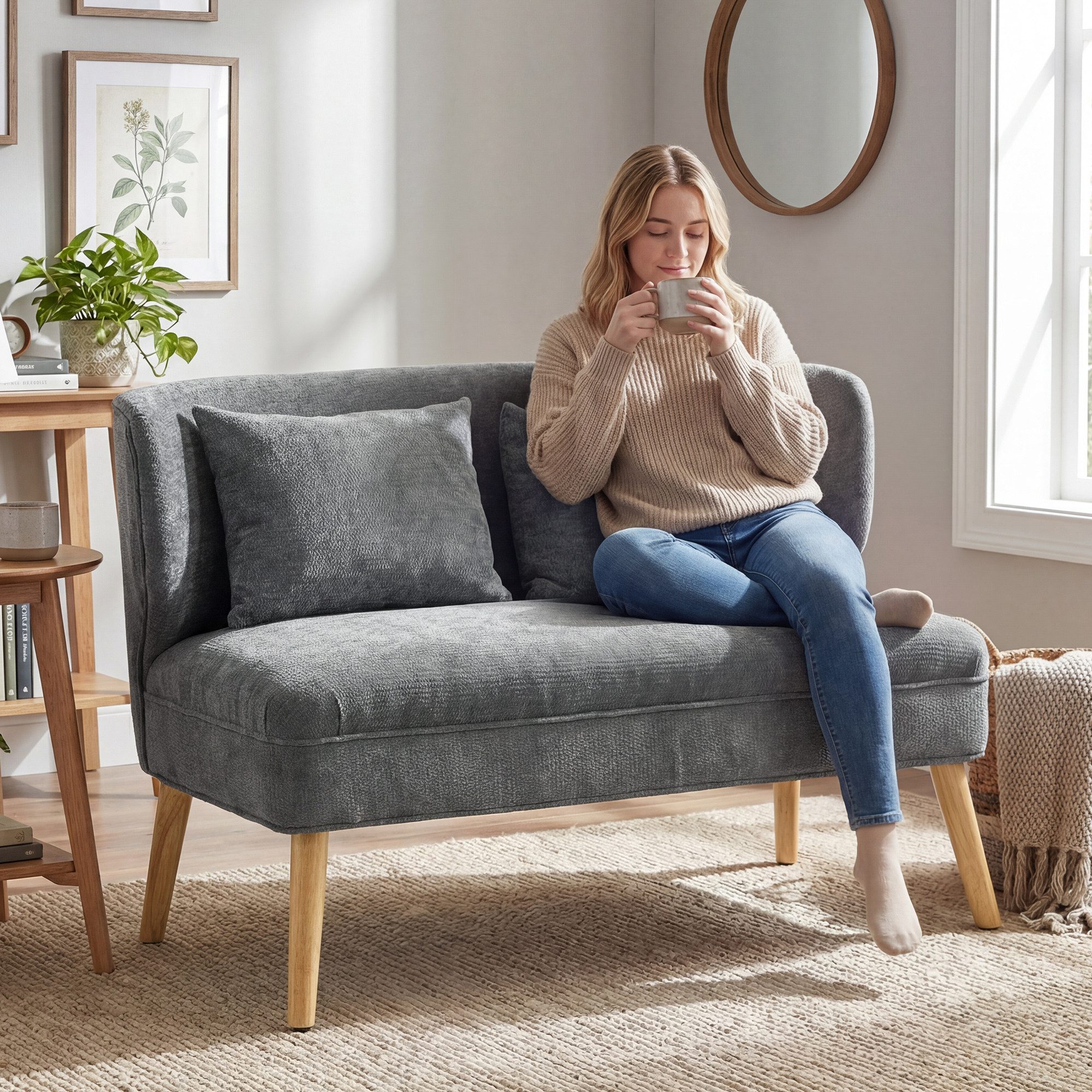 HOMCOM 2-Sitzer Sofa kleine Couch mit Flügelrücken, 2 Wurfkissen, 117 cm Dick Gepolstert Doppelsofa 1 Teile, für Wohnzimmer, Schlafzimmer, Grau