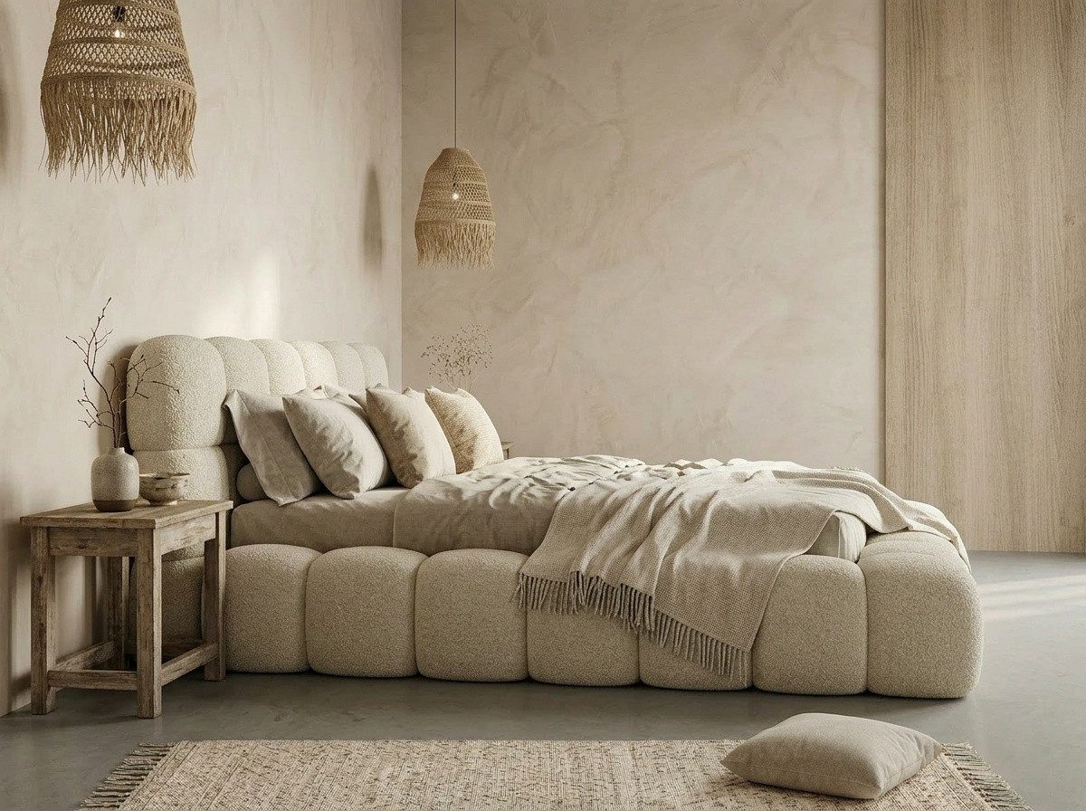 yourhouse24 Polsterbett Boston im trendigen Japandi-Stil, Bouclé / Teddy-Stoff (Wolkenbett mit Stauraum), TOPSELLER MADE IN EU