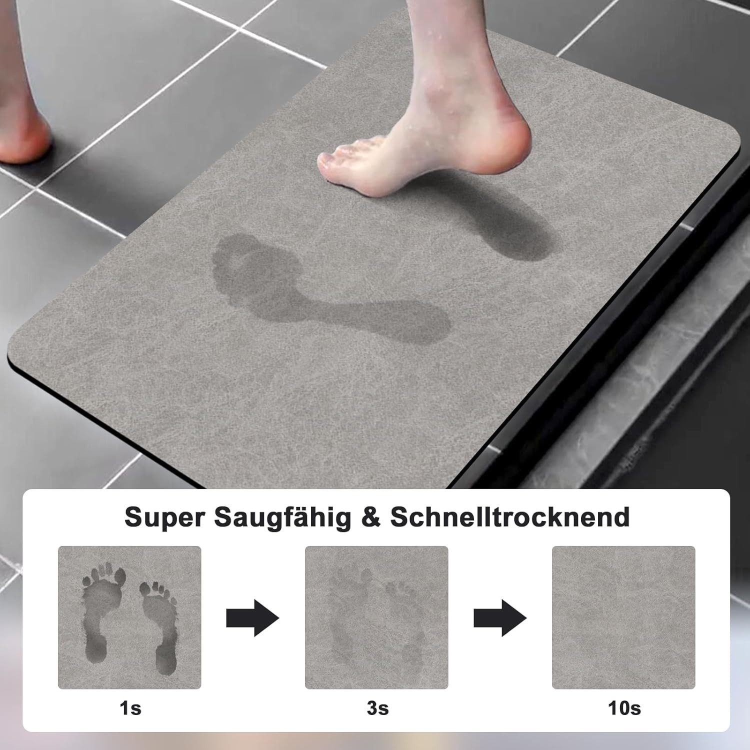 FELIXLEO Badematte Rutschfeste Badematte 40x60 cm super saugfähig schnell trocknend grau – Bild 2 von 5