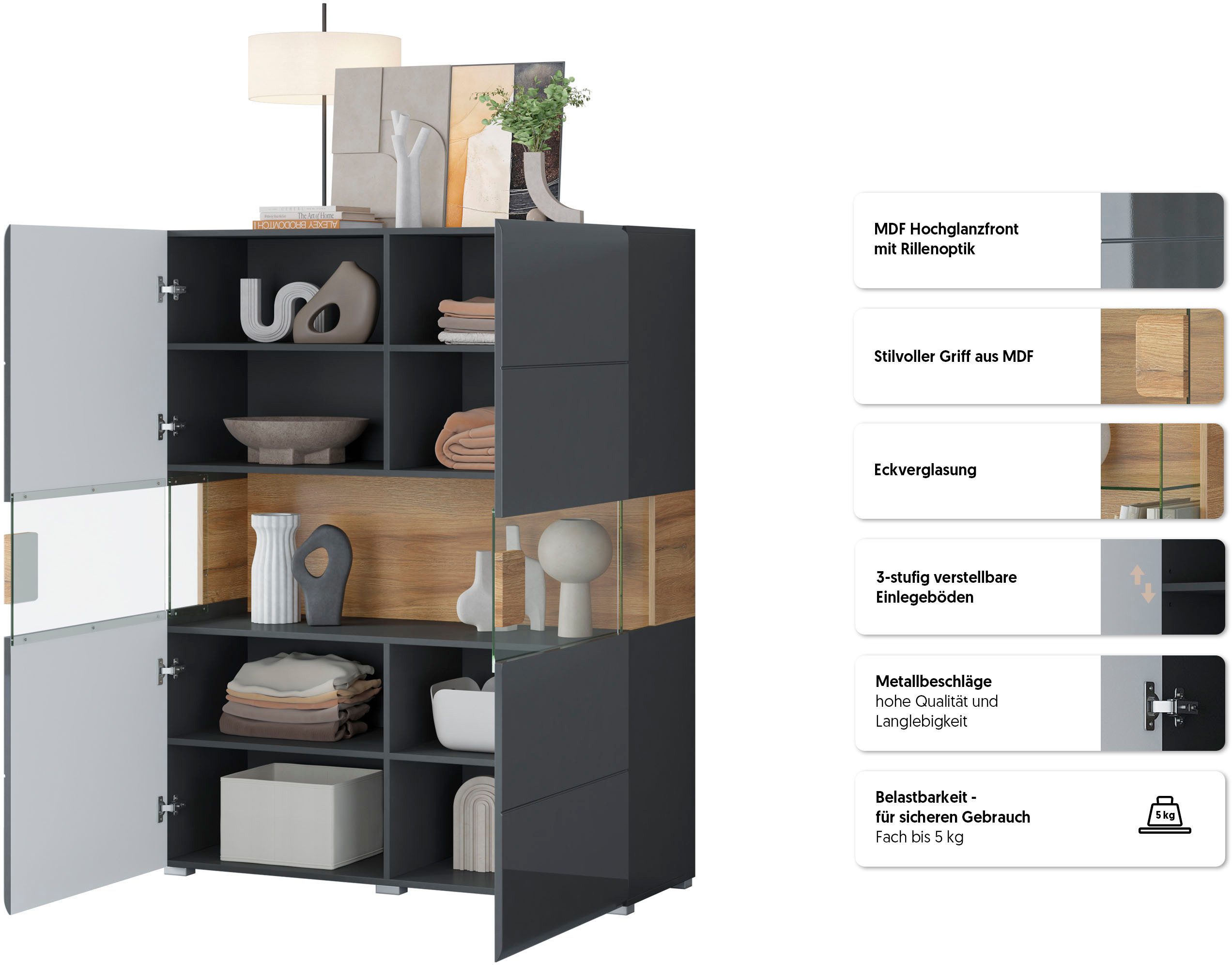 OTTO home Highboard Toledo,Breite 121,5 cm, trendige Hochkommode mit 2 Türen, Hochschrank mit Glas-Partien,stylische Hochglanzfronten