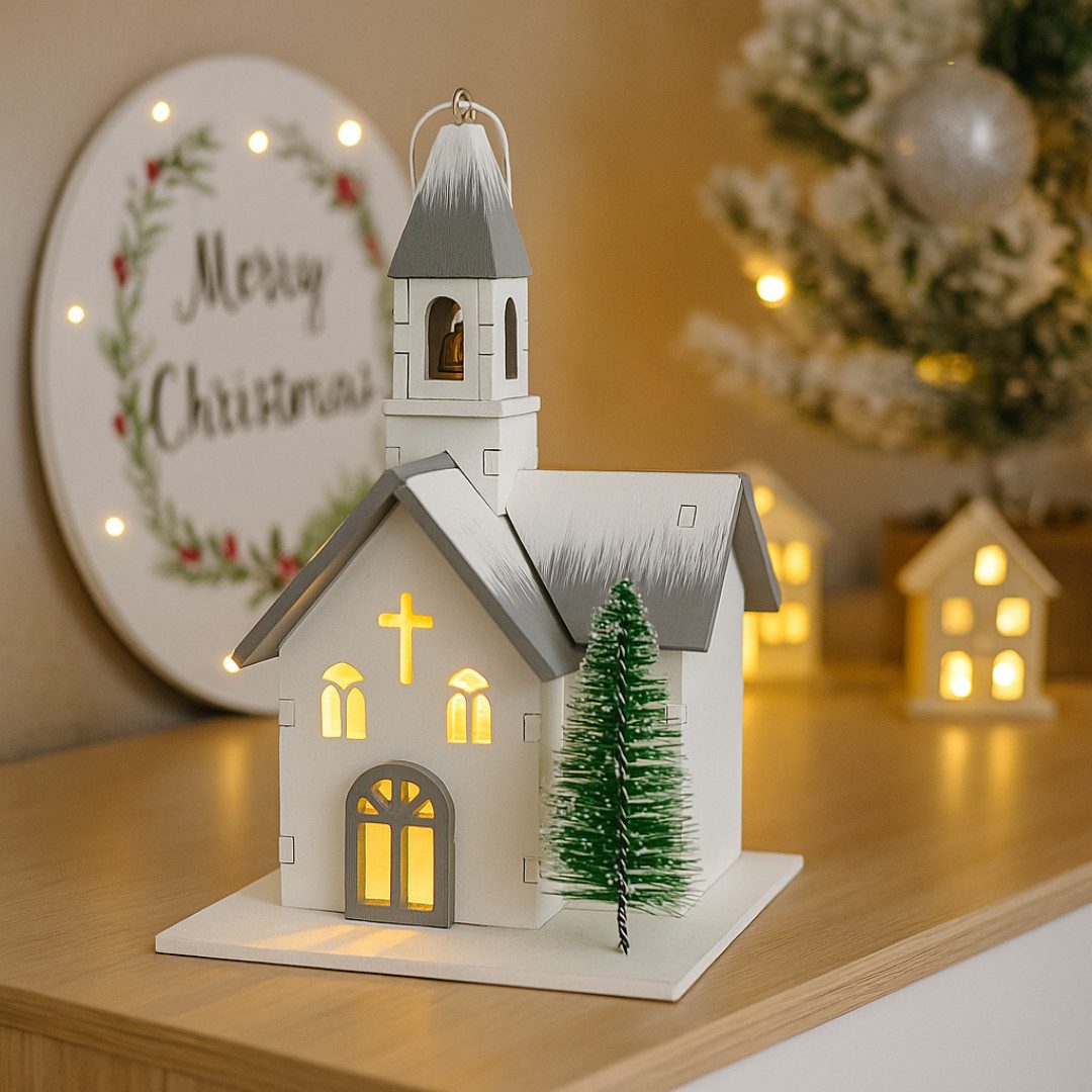 abc HOME LED-Dekofigur Kirche, Holz, Batteriebetrieben