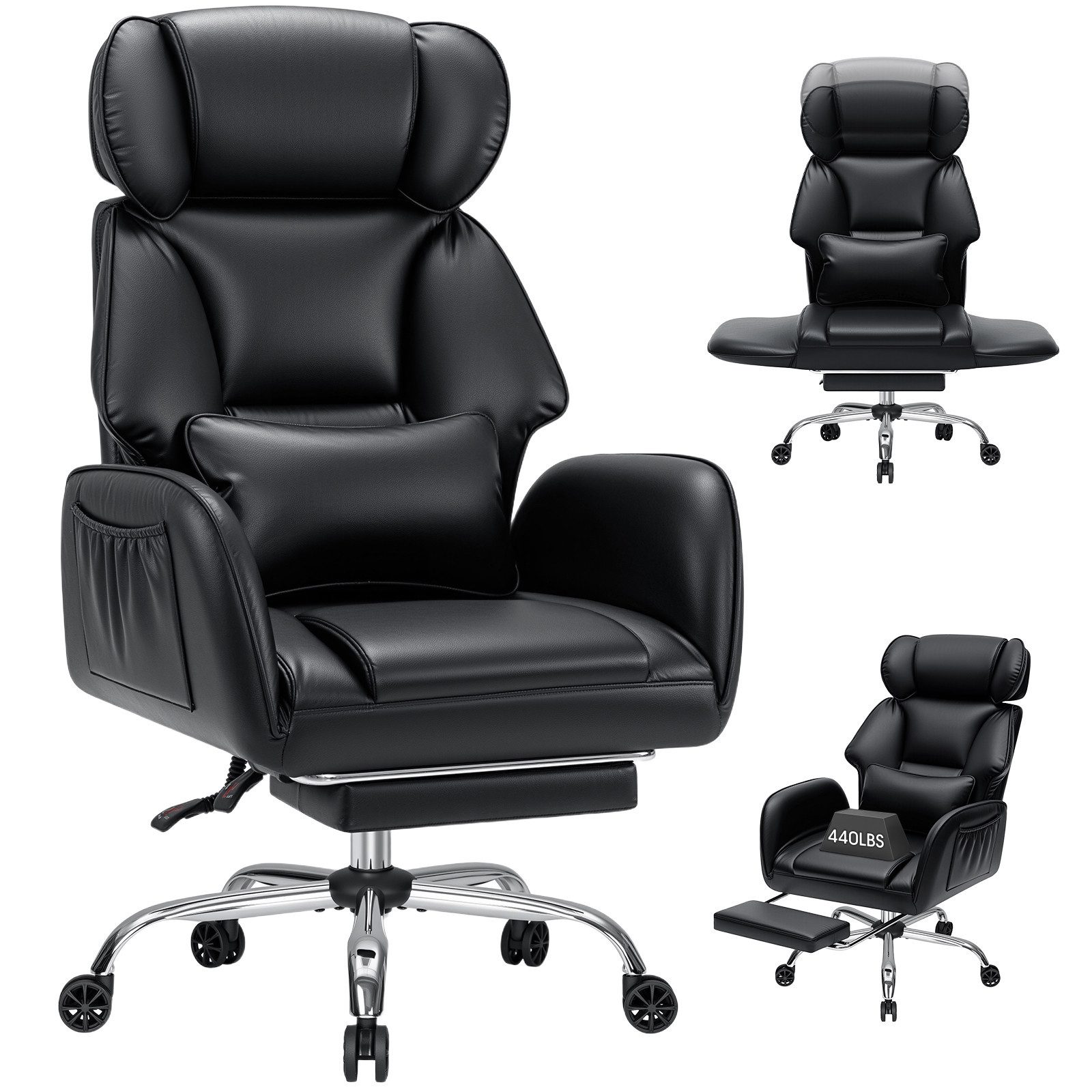 Hoffree Chefsessel Ergonomischer Bürostuhl Schreibtischstuhl Gaming Stuhl 200kg Belastbar (Breiter Sitz, 6cm höhenverstellbare Kopfstütze, 135° neigbar), Drehstuhl mit klappbarer Armlehnen,Fußstütze, extra dickes Sitzpolster