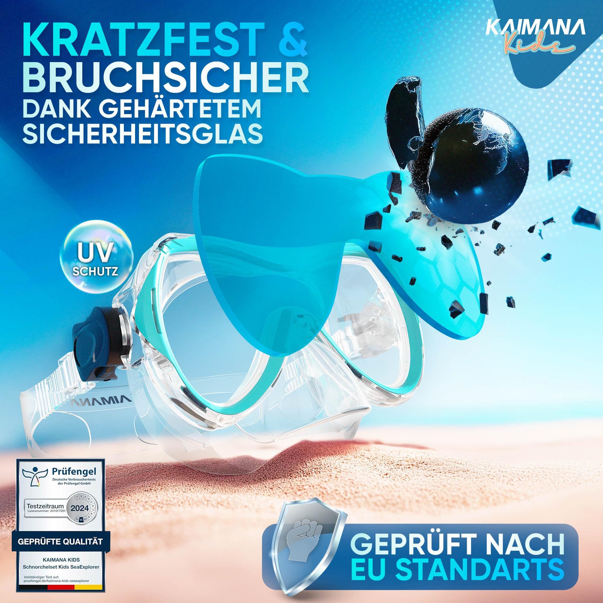 KAIMANA Tauchermaske SeaExplorer Schnorchelset Kinder inkl. Tragetasche, (Taucherbrille mit Schnorchel, Taucherbrille Kinder), Taucherbrille mit Stoffband/Silikonband