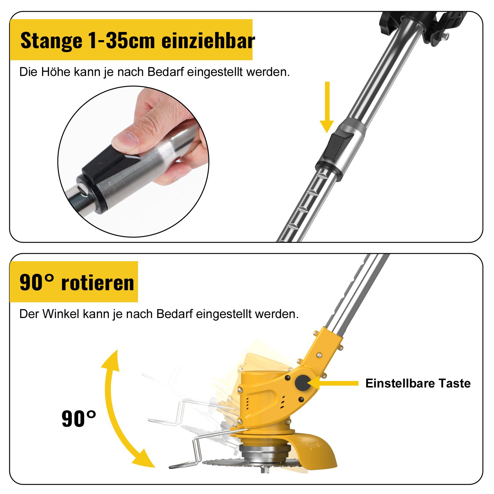 CONENTOOL Akku-Rasentrimmer 2x 2000mAh Akkus 21V, Rädern, 15 cm Arbeitsbreite Messer, (mit Akku und Ladegeät), 4 Arten Klingen, Teleskop-Stiel – Bild 4 von 5
