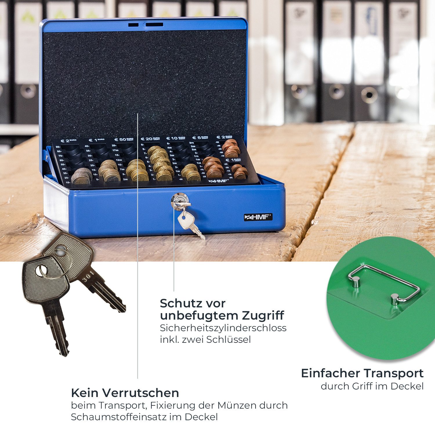 HMF Geldkassette Geldkassette abschließbar Kasse mit EURO-Münzzählbrett 4 Scheinfächer, hochwertige Geldzählkassette mit Schlüssel, 30 x 24 x 9 cm, grün – Bild 4 von 5