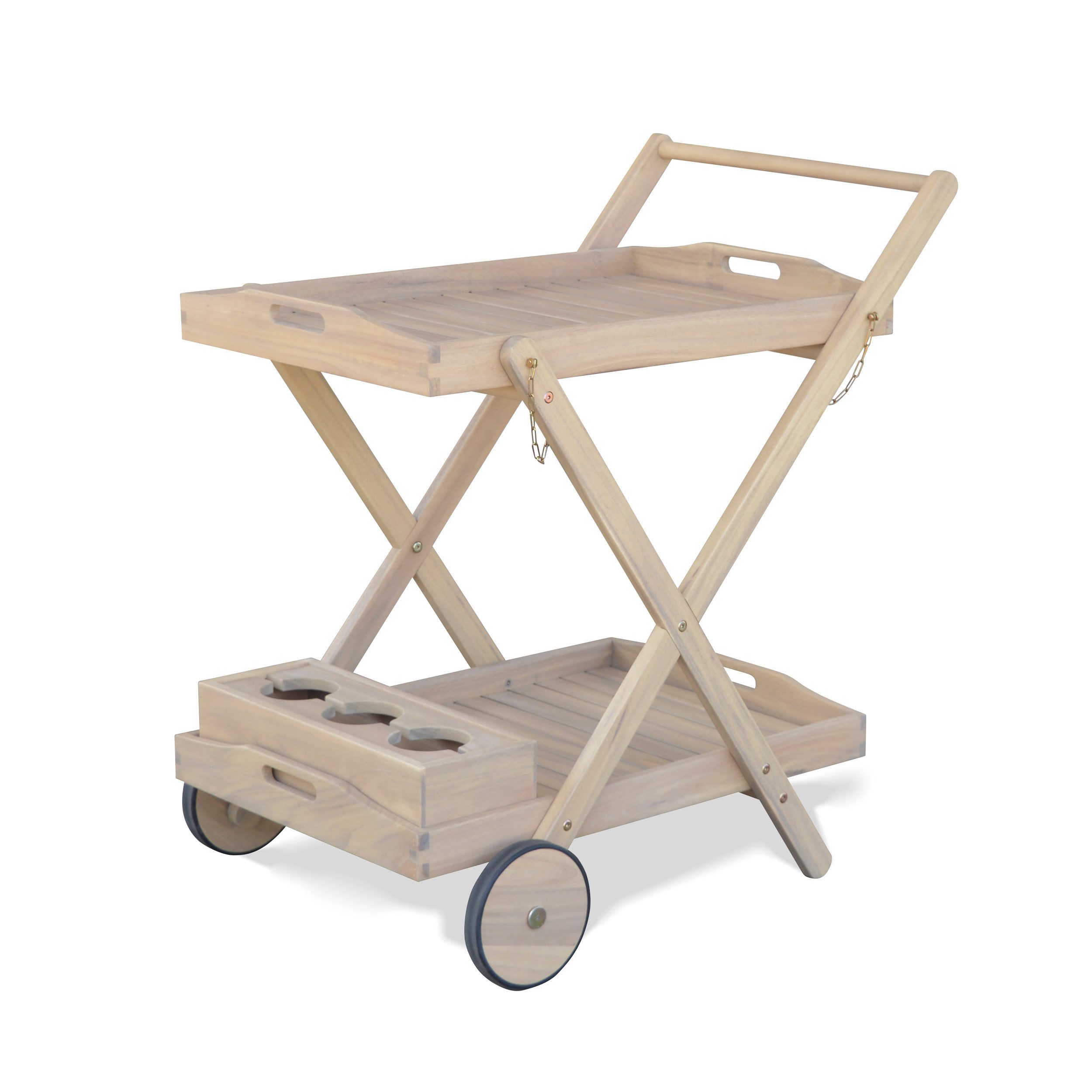 KHG Servierwagen aus Akazie-Massivholz in Teak-Optik Hellbraun auf Rollen, (Servierwagen 2 Ablagen inkl. Flaschenhalter, wetterfest 55x82x79 cm)
