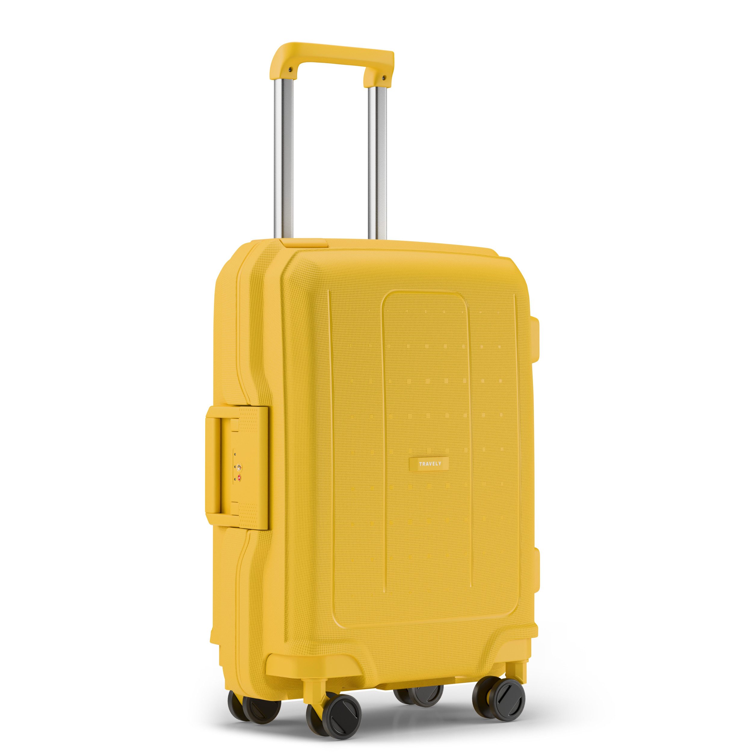 Travely Koffer Polypropylen Handgepäck Koffer 55x40x20cm - für Ryanair Lufthansa etc, 4 Rollen, Designed in Germany, austauschbare Griffe und Rollen