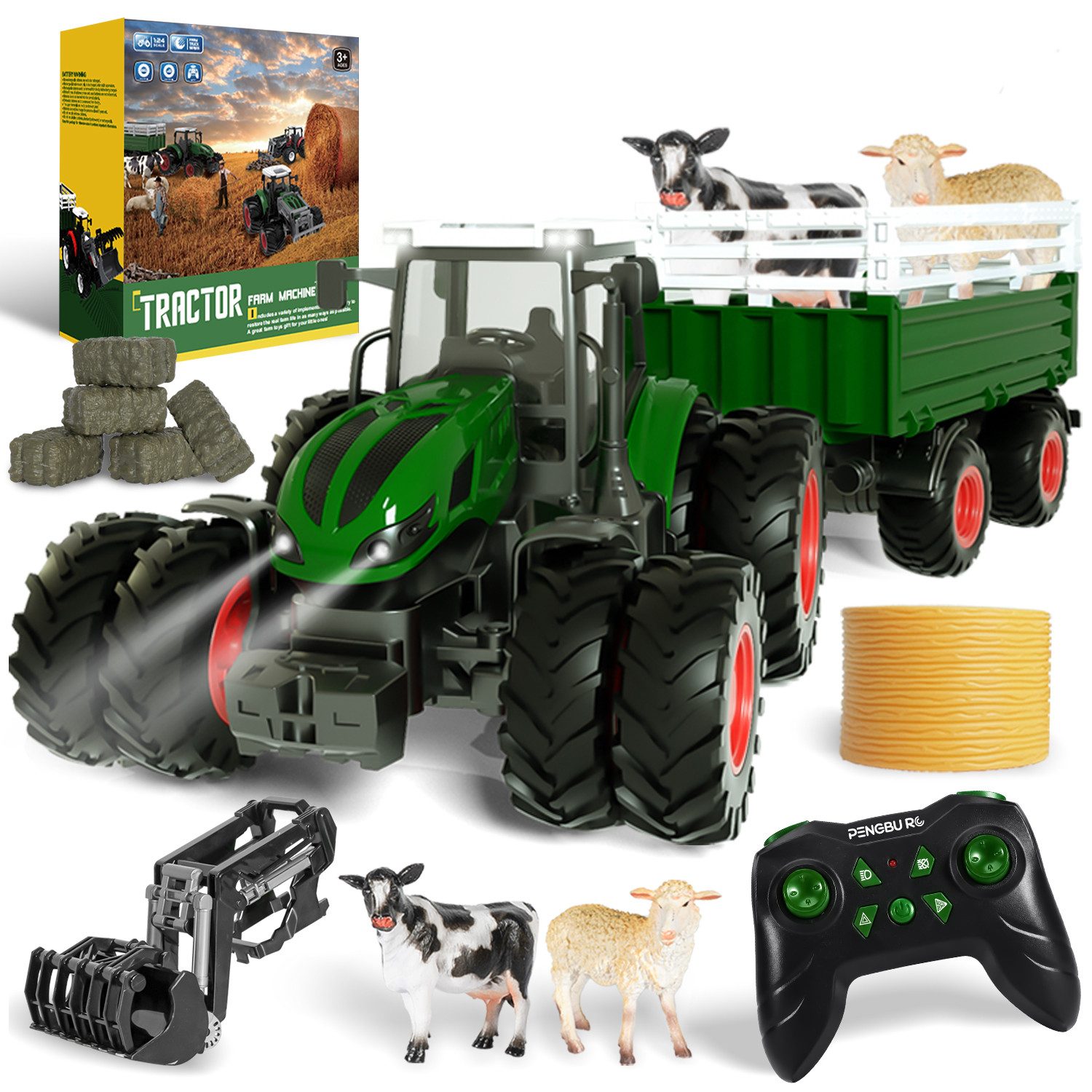 Esun RC-Traktor Ferngesteuerter Traktor Ferngesteuert mit anhänger, Traktor Spielzeug (Set, Komplettset), Kuh, Schaf und Heuballen, Traktor mit Anhänger Spielzeug ab 2-5 Jahre