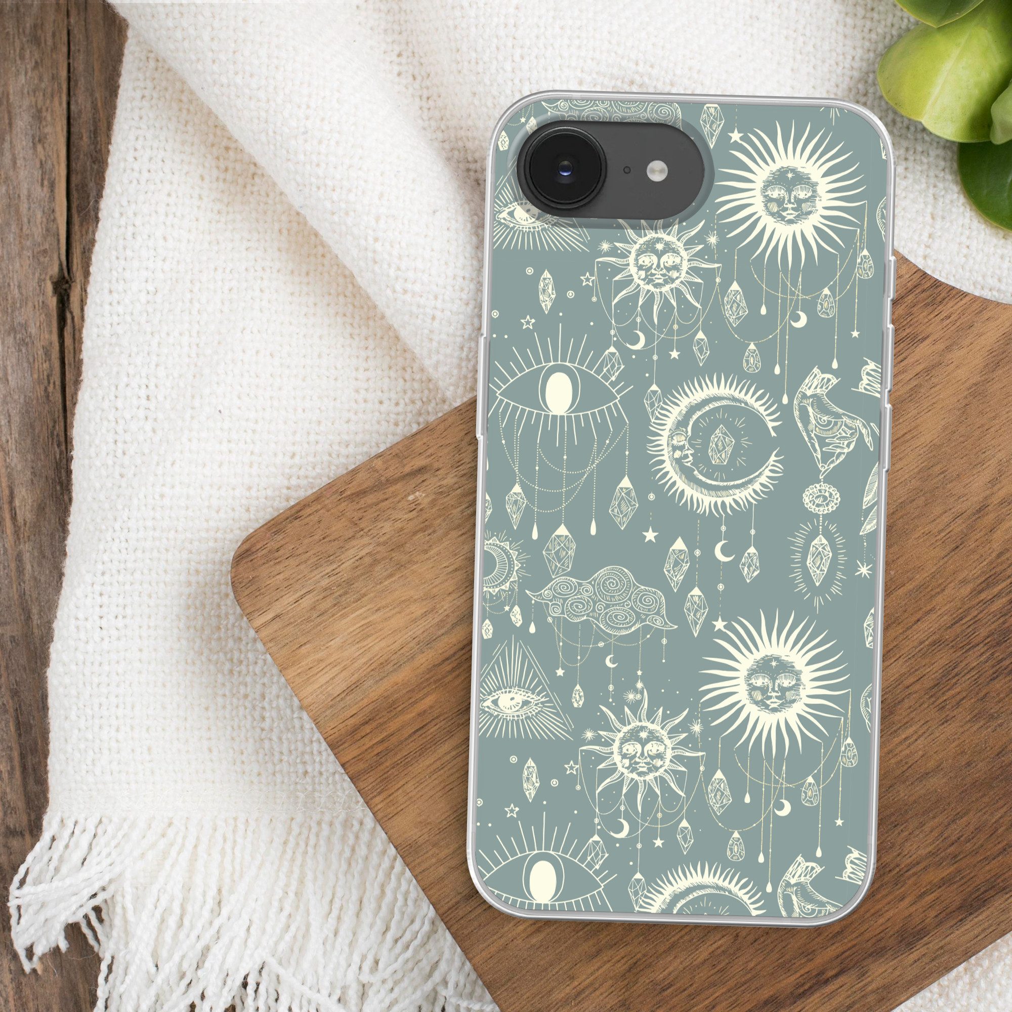 MuchoWow Handyhülle für Apple iPhone 16e Boho - Druck - Blau - Sonne - Augen - Zen, Smartphone-Bumper, Print, Handy Schutzhülle Dünn