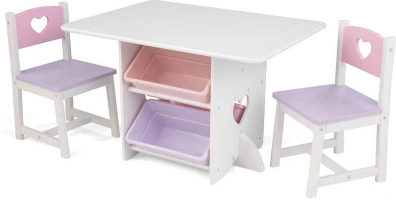 KidKraft® Kindersitzgruppe »Tisch mit Aufbewahrungsboxen und 2 Stühlen Herzchen«, (3-tlg)