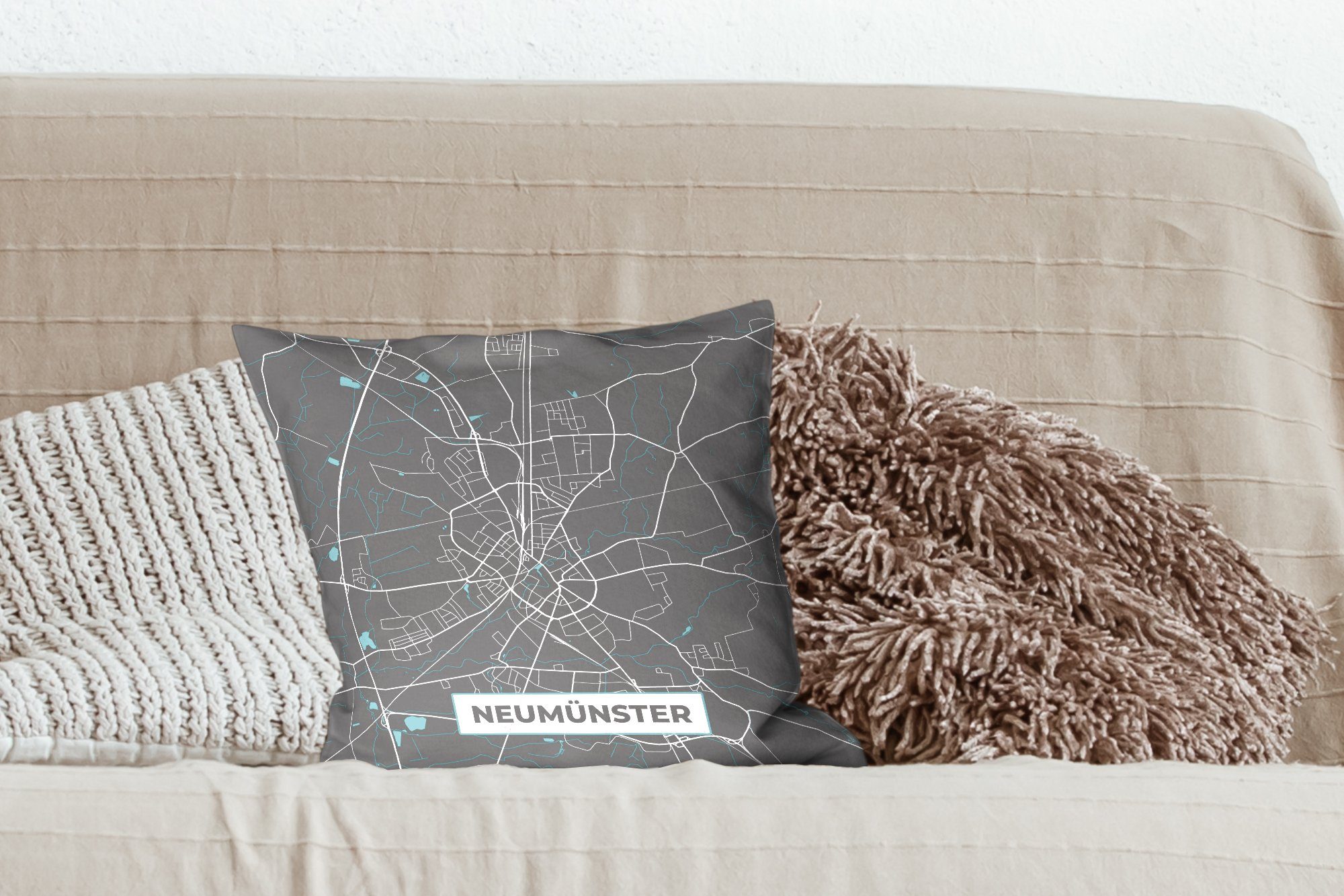 Karte, Deko, - mit Schlafzimmer, Dekokissen Neumünster für Blau - MuchoWow Sofakissen Deutschland Zierkissen Füllung Stadtplan Wohzimmer, - -