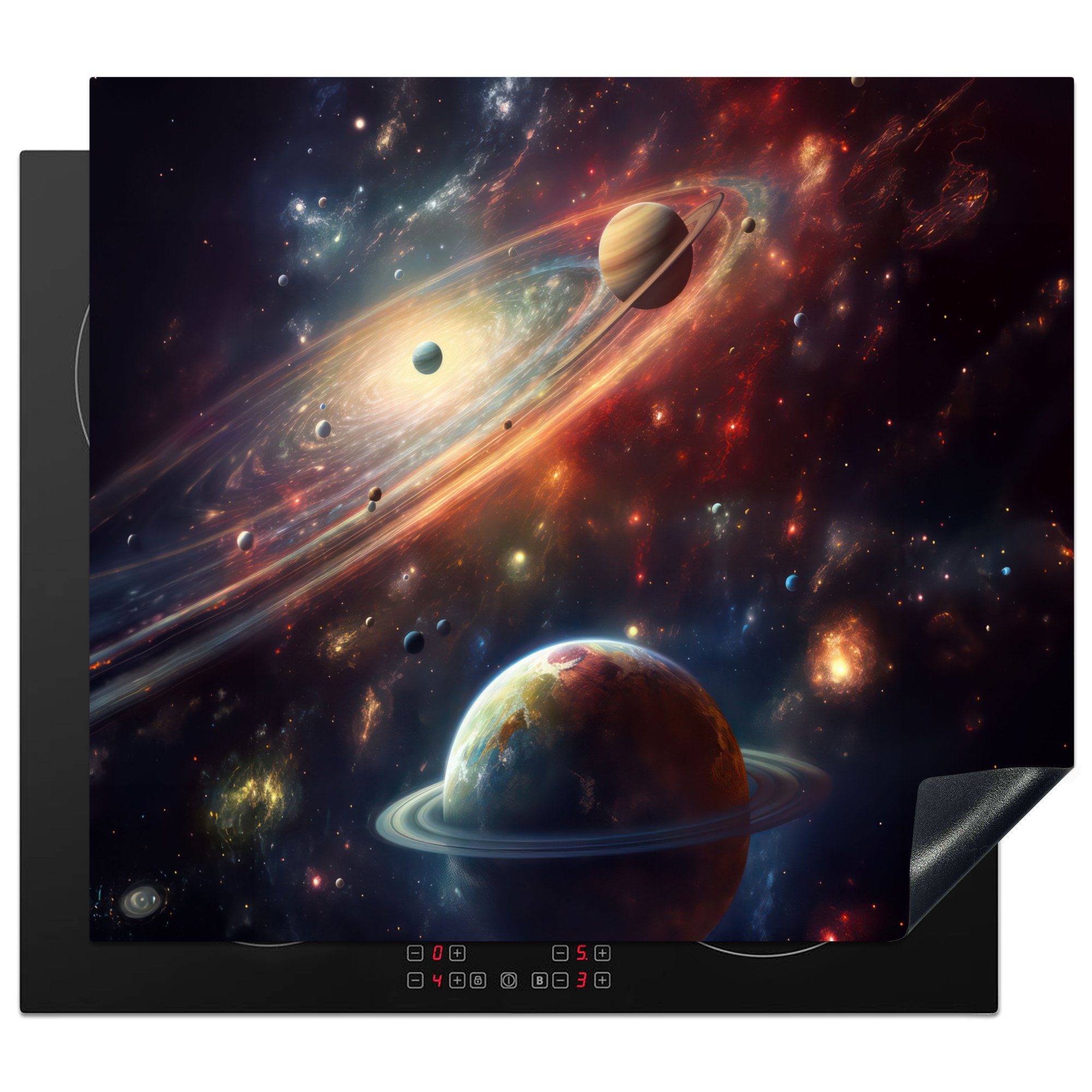 Arbeitsfläche Neon Mobile tlg), Herdblende-/Abdeckplatte Planeten - nutzbar, (1 Weltraum - Vinyl, Sterne, Ceranfeldabdeckung MuchoWow cm, 60x52 -
