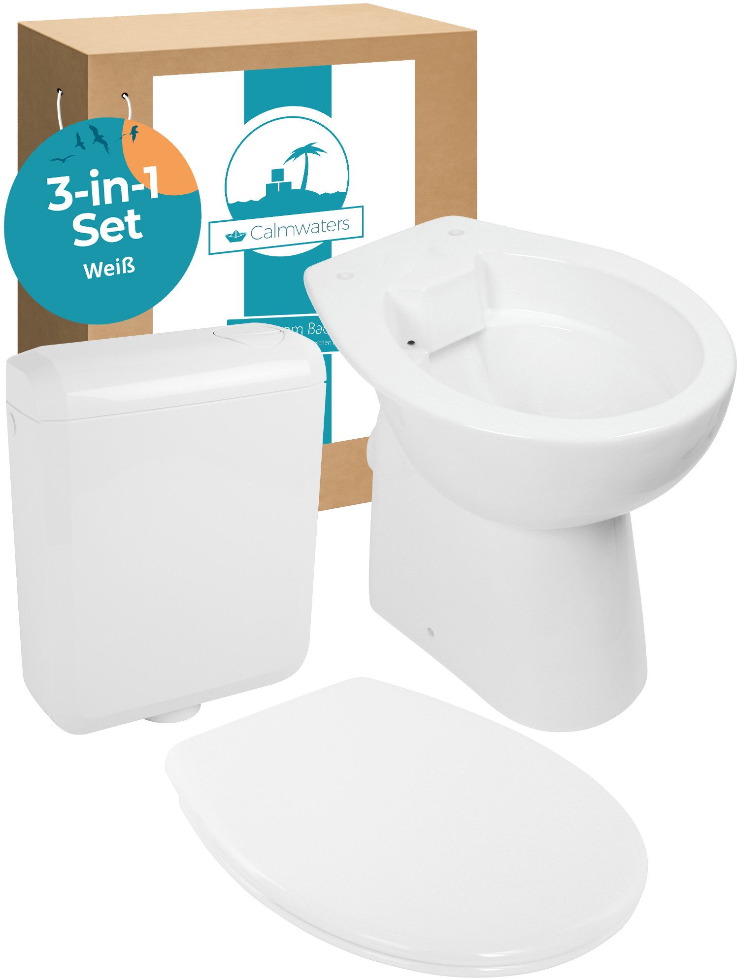 Calmwaters Tiefspül-WC Stand-WC spülrandlos mit Erhöhung, bodenstehend, Abgang Waagerecht, Set mit WC-Sitz und Spülkasten, Weiß, +7 cm erhöht, Absenkautomatik, Abnehmbar, 99000187