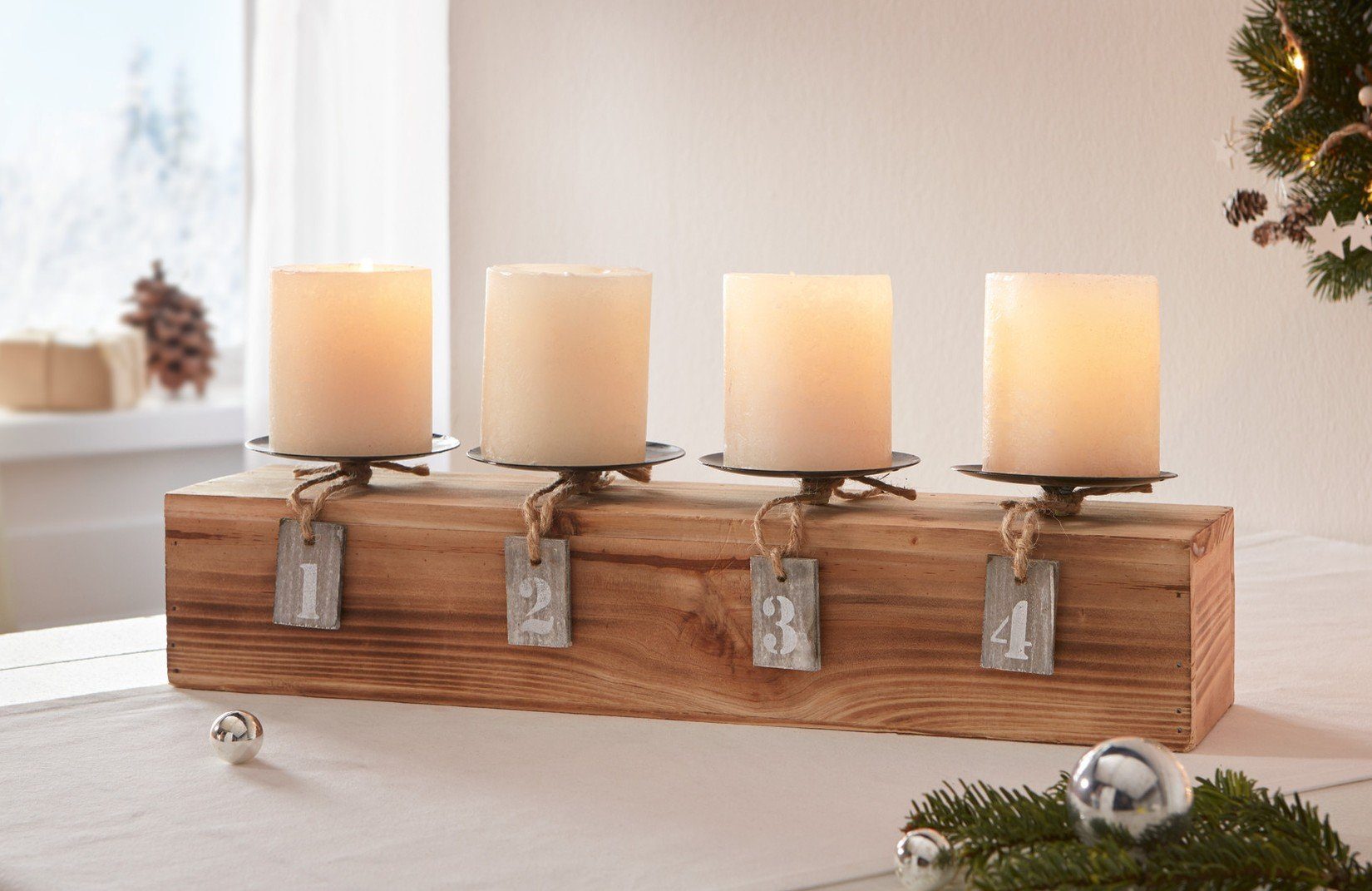 Ziffern 4 "Advent" bis 1 42 lang mit Tischkerzenhalter Kerzenboard Holz Kerzen, aus cm Kerzenleiste St), für 4 Dekoleidenschaft (1