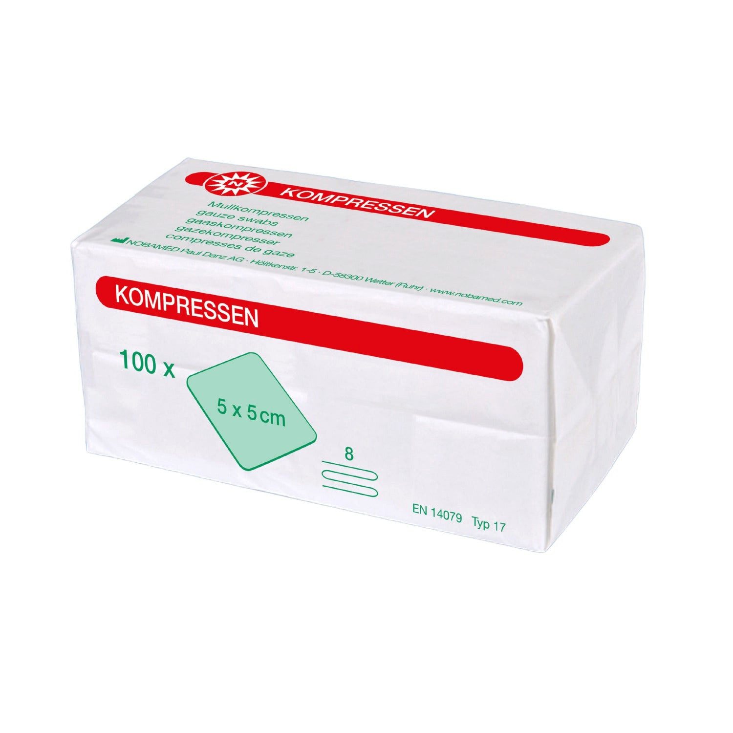 Nobamed Erste-Hilfe-Set Mullkompressen 8-fach, unsteril, Größe: 5x5 cm, PZN: 07099651, Lagen: 8-fach, Sterilität: unsteril