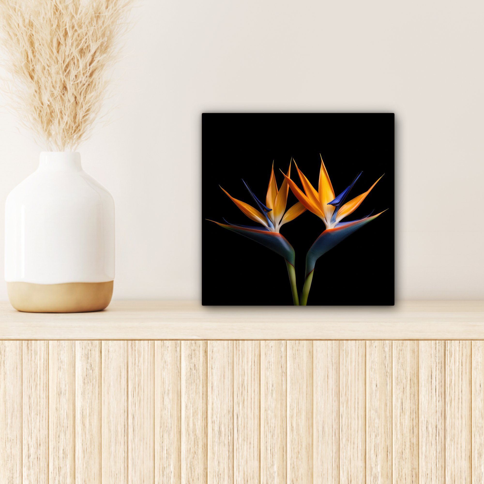 Blumen Paradiesvogelblume 20x20 Wohnzimmer - Porträt Bilder Leinwand - - St), OneMillionCanvasses® für Schlafzimmer, Schwarz, Pflanzen Leinwandbild (1 - cm
