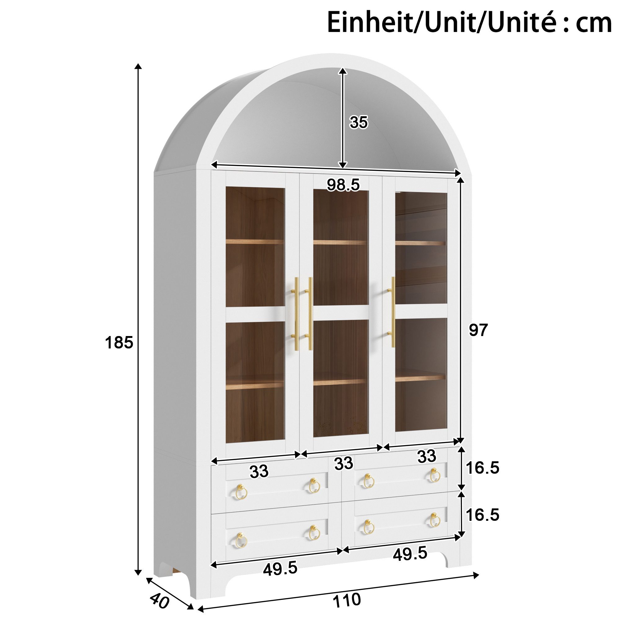 Merax Hochschrank Bogen-Mehrzweckschrank Glasvitrine mit Aluminiumgriffen (Anrichte Sideboard Aufbewahrungsschrank, 1-St., 110 L x 40 B x 185 H cm) Wohnzimmersc – Bild 5 von 5