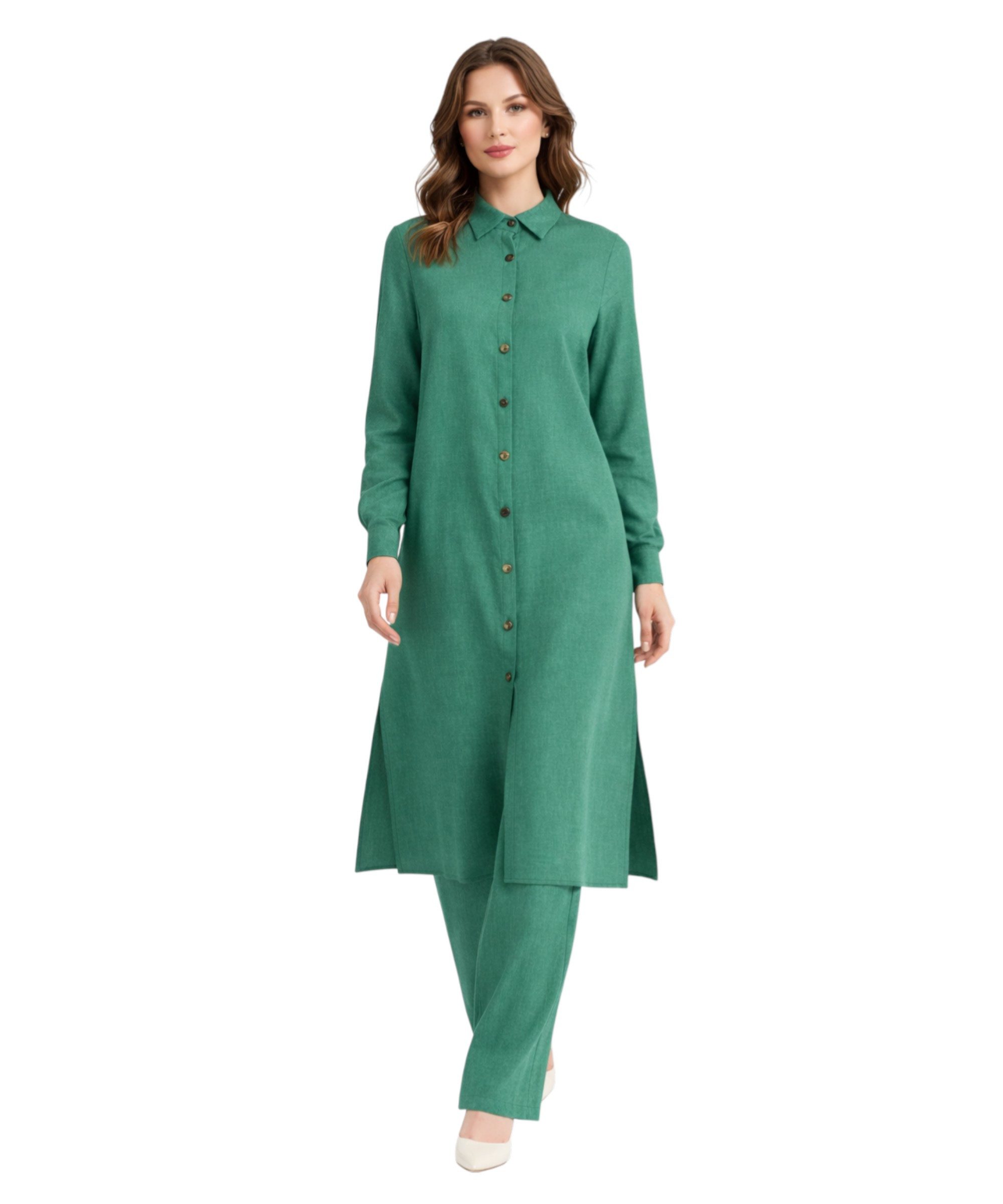 fashionshowcase Longtunika Damen Hemdkleid Stil mit Knöpfen Langarm Modest