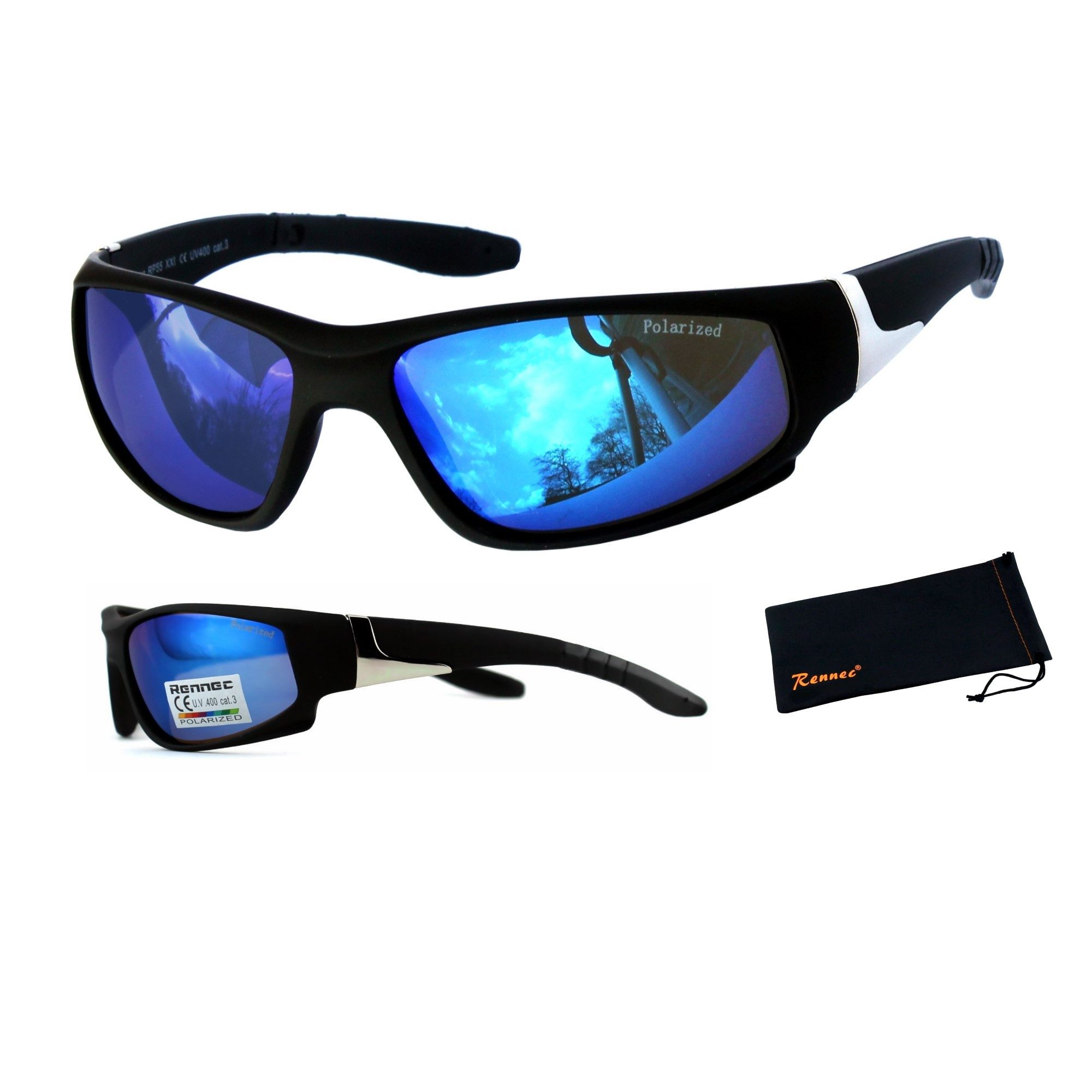 Rennec Sonnenbrille (Outdoor Sonnenbrille Wrap Around Gläser Blau Verspiegelt Brillenbeutel) Sportbrille Schwarz Matt mit Polarisierten Gläsern