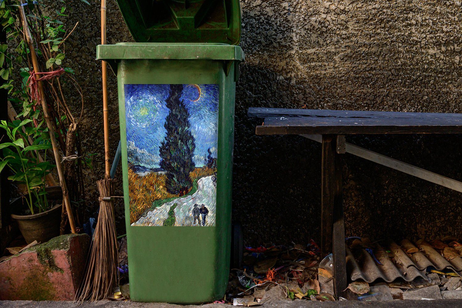 MuchoWow Wandsticker Straße mit Zypresse Mülleimer-aufkleber, St), Gogh Container, Stern van Mülltonne, (1 - Sticker, Abfalbehälter und Vincent