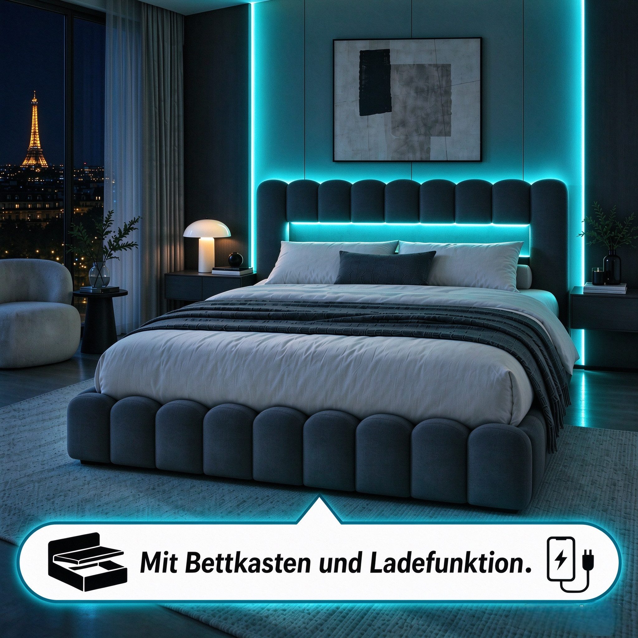 Gdood Polsterbett Stauraumbett Doppelbett LED (Type-C + USB, Hydraulisch hebbarer Stauraum), Mit Bettkasten, LED-Beleuchtung, …