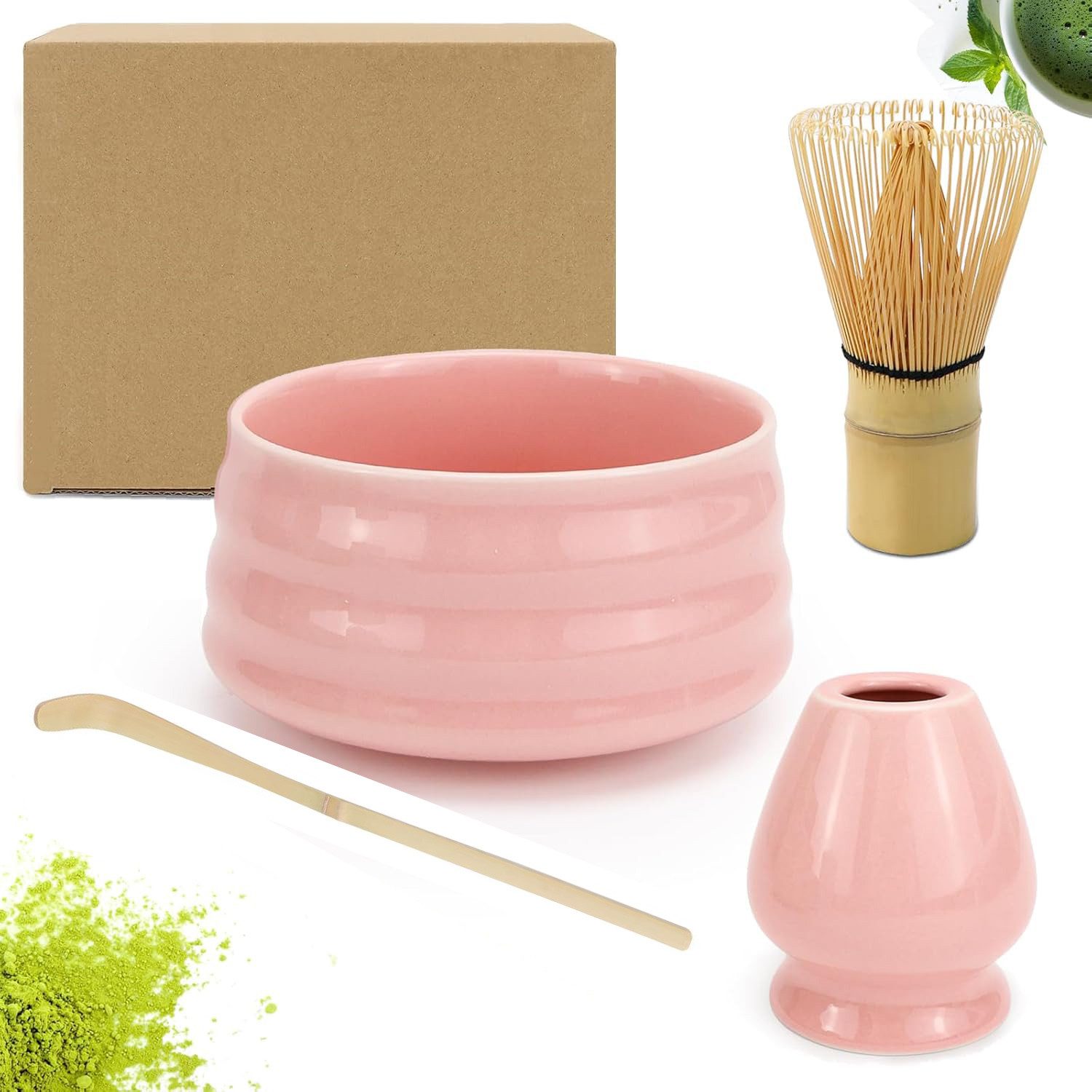 AKKEE Teeservice Matcha-Set 4 Stück mit Teeschale, Matchabesen und Besenhalter