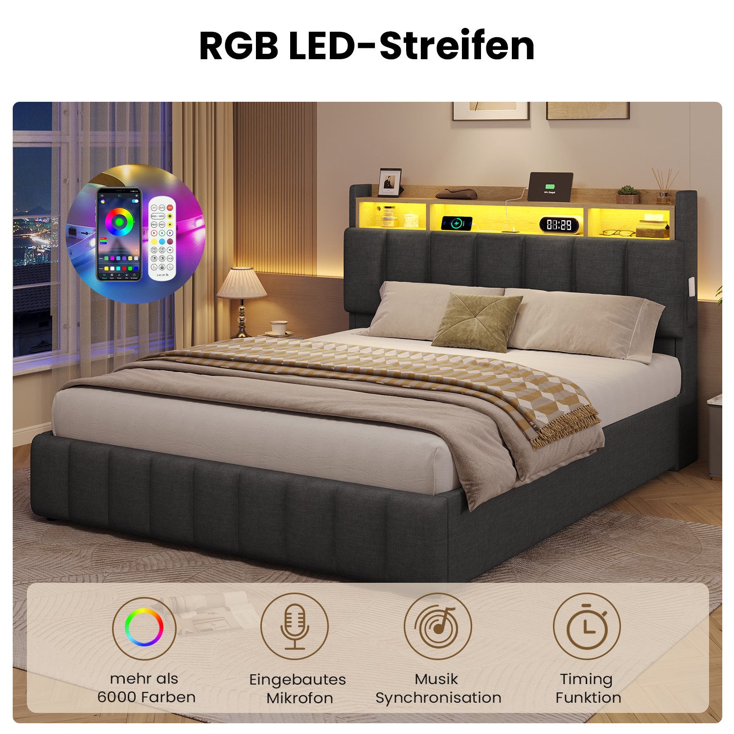 KIMENICH Polsterbett mit LED Beleuchtung und Ladefunktion (1-tlg., Ohne Matratze), Jugendbett Hydraulisches Stauraumbett, 140x200 cm – Bild 5 von 5
