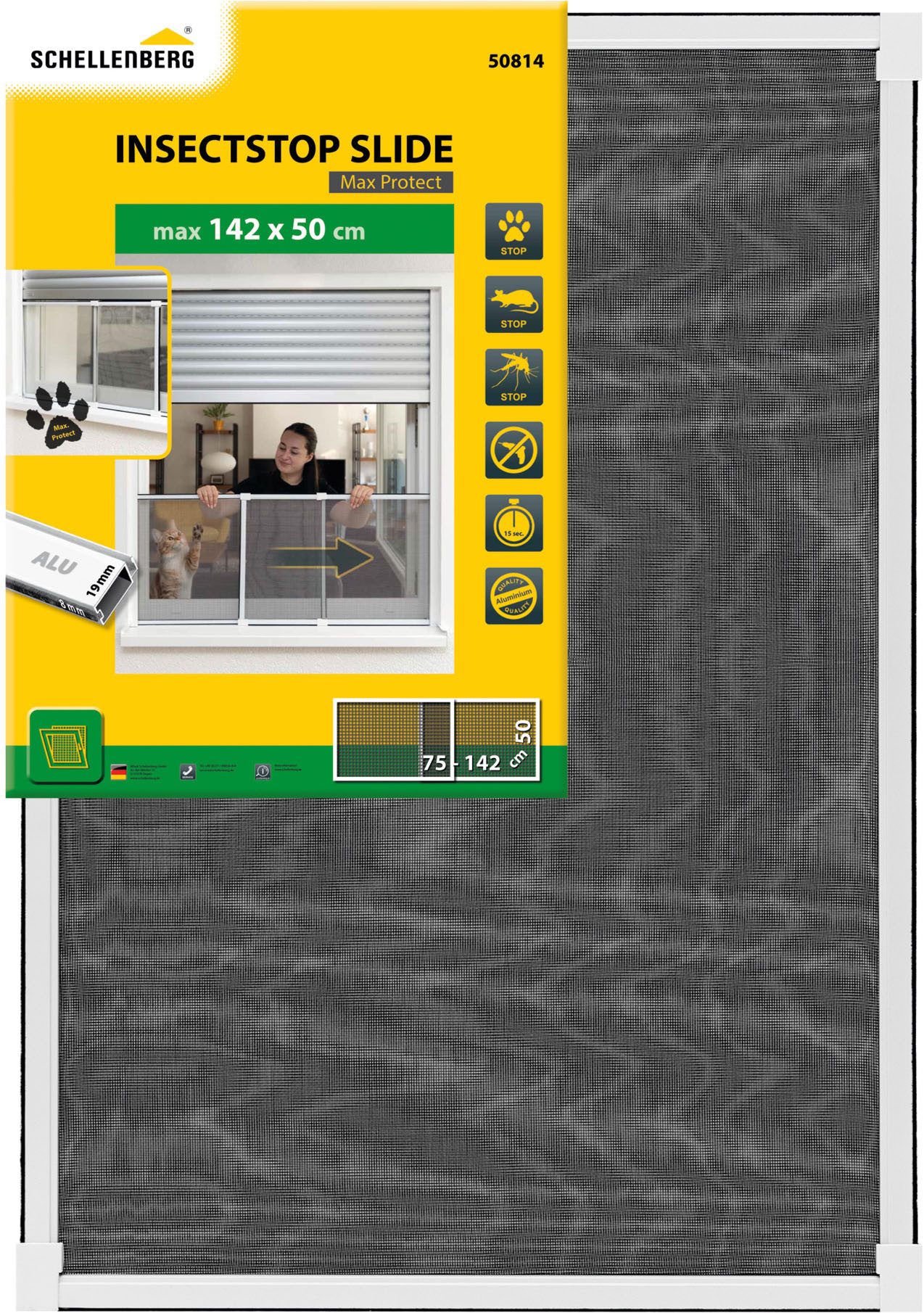 SCHELLENBERG Insektenschutz-Fensterrahmen "Insectstop Slide", ausziehbares Fliegengitter mit Aluminiumgewebe, ohne bohren, max. 50 x 142 cm in weiß und anthrazit