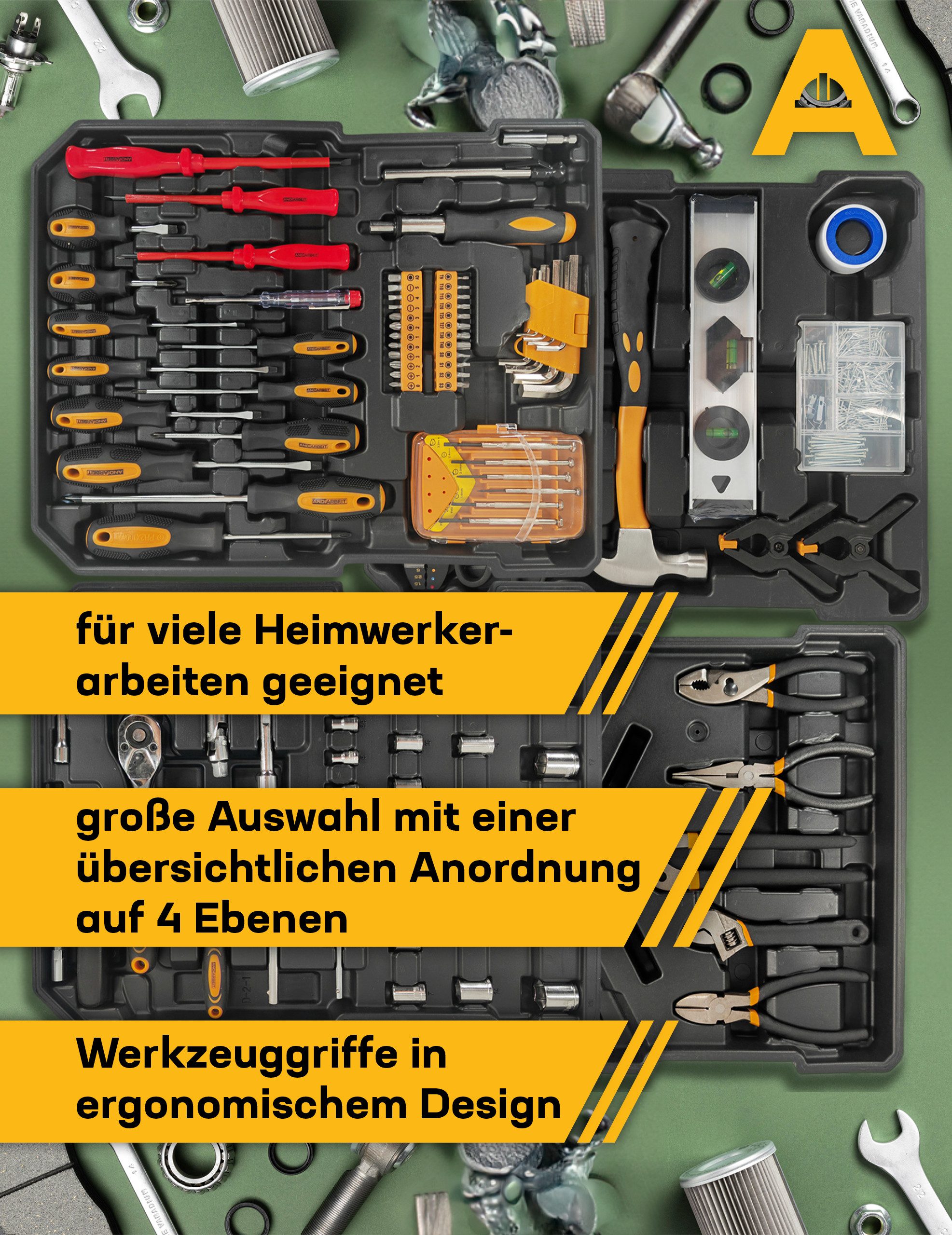 ANDIARBEIT Werkzeugset "Alleskönner" Werkzeugkoffer Trolley 1000-tlg., (Hammer, Wasserwaage, Cuttermesser, Schere, Crimpzange, Isolierband, Schrauben, u.v.m)