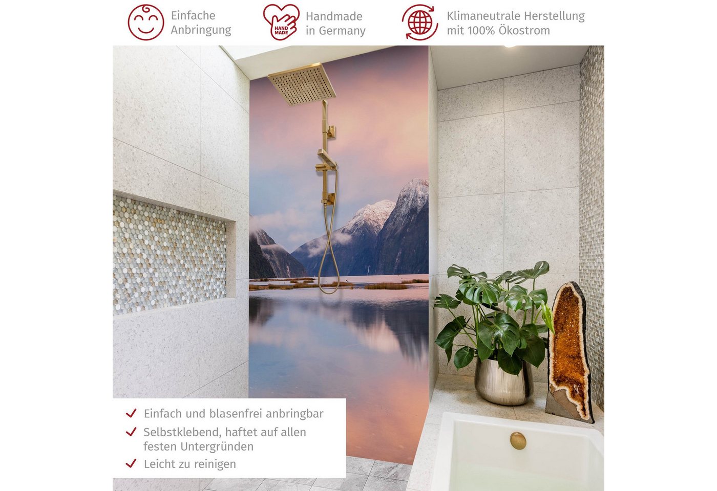 Thumbnail - Bilderdepot24 Badrückwand Fliesen Berg rosa Duschrückwand ohne Bohren Dusche Natur, (1-tlg., Hart-Folie Smart matt 0,35 ...