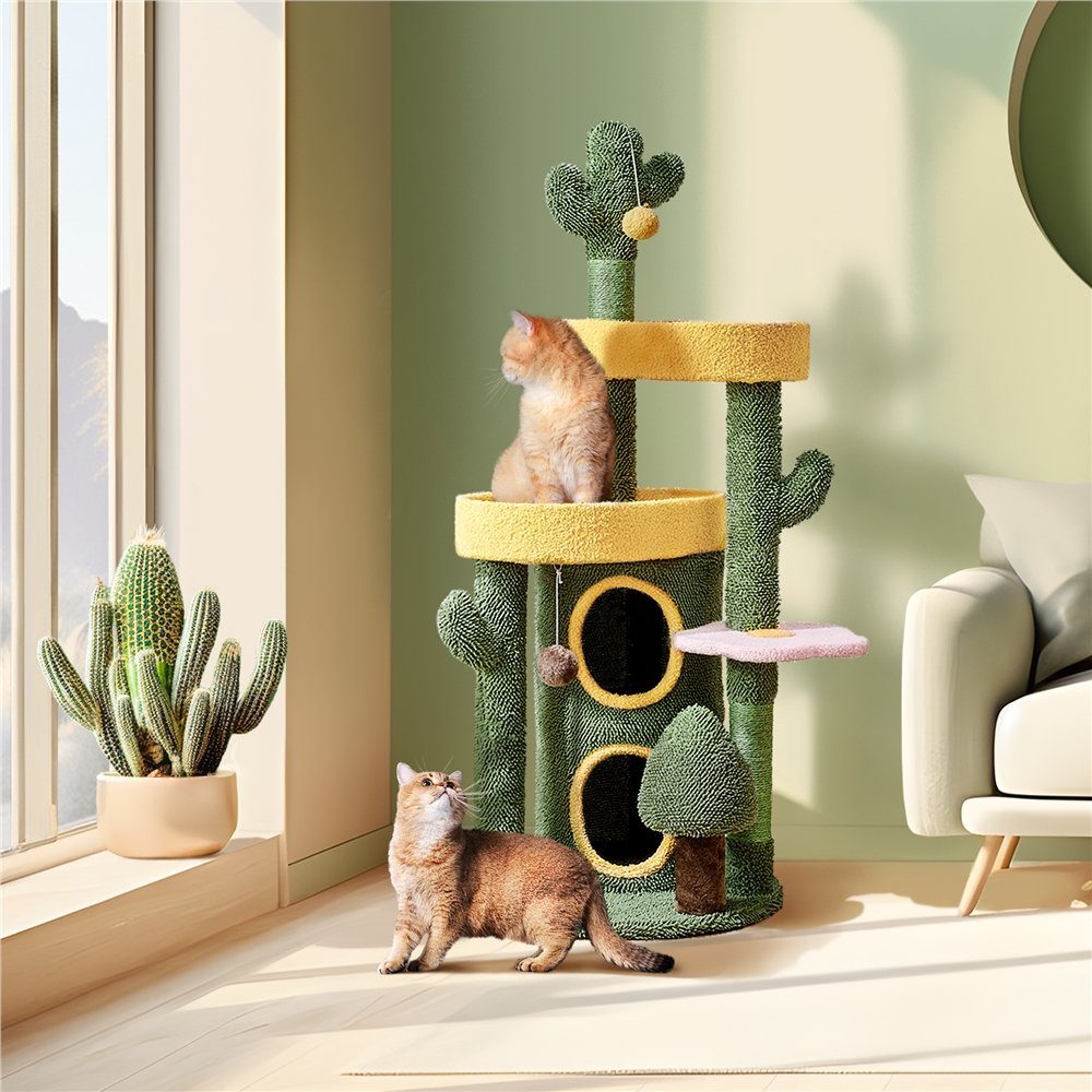 Yaheetech Kratzbaum 123 cm (H), Katzenbaum in Kaktus-Form, 2-schichtigen Katzenhöhle, Spielball