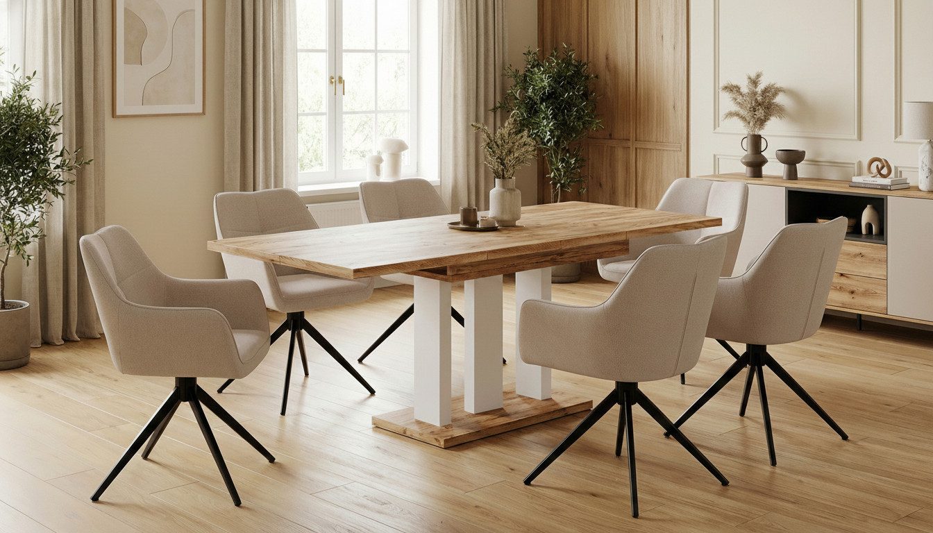 Endo-Moebel Essgruppe "Appia White" 130-210cm ausziehbar, Tischgruppe, 6 Personen, (1 ausziehbarer Esstisch, 6 bequeme Stühle), Synchronauszug, Erweiterbar, Weiße Tischbeine, Säulentisch