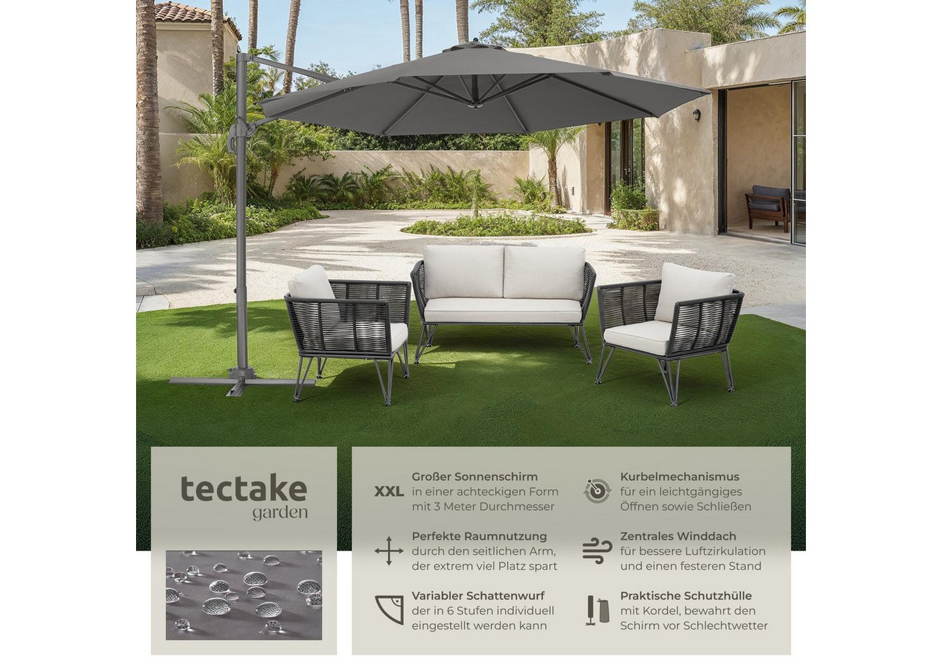 Thumbnail - tectake Ampelschirm Sonnenschirm, Set mit Schutzhülle für Terrasse oder Garten, Parasol inkl. Schutzhülle in Schrimfarbe...